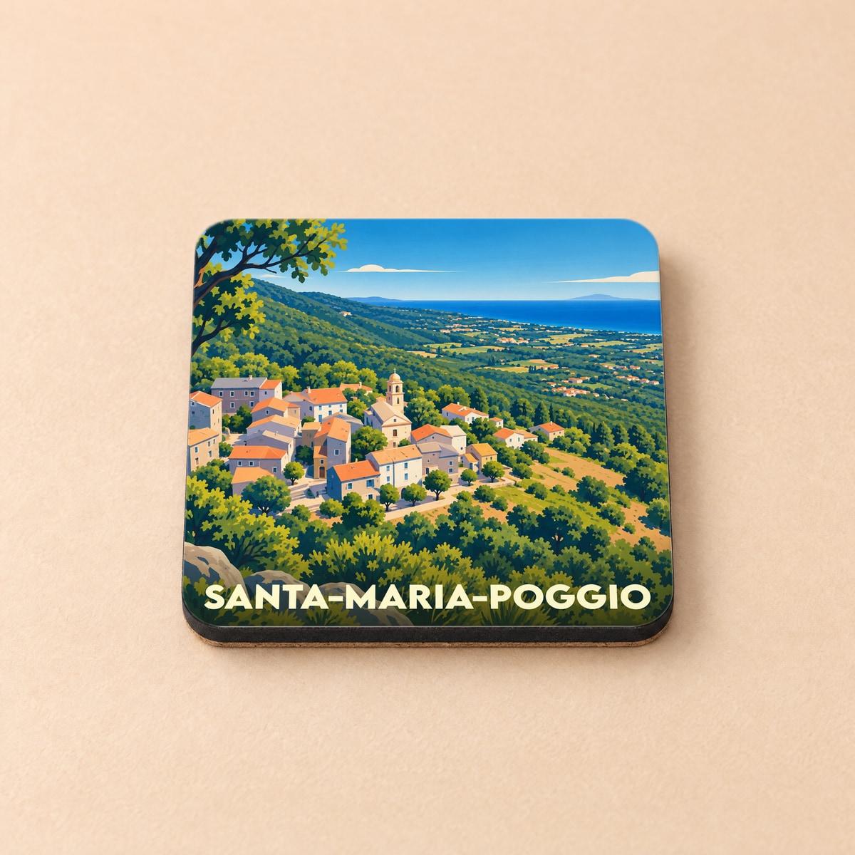 Dessous de verre souvenir de la ville de Santa-Maria-Poggio avec une illustration stylisée.