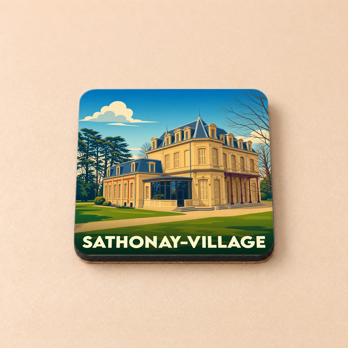Dessous de verre souvenir de Sathonay-Village avec une illustration stylisée de son château.