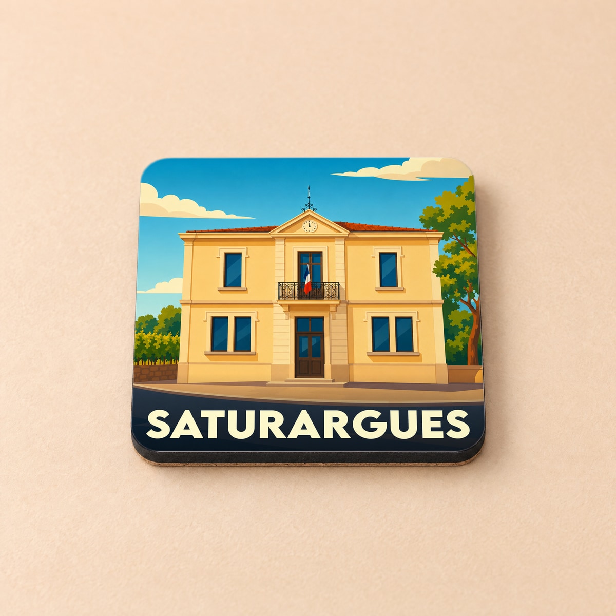 Dessous de verre souvenir de la ville de Saturargues avec une illustration stylisée de sa mairie.