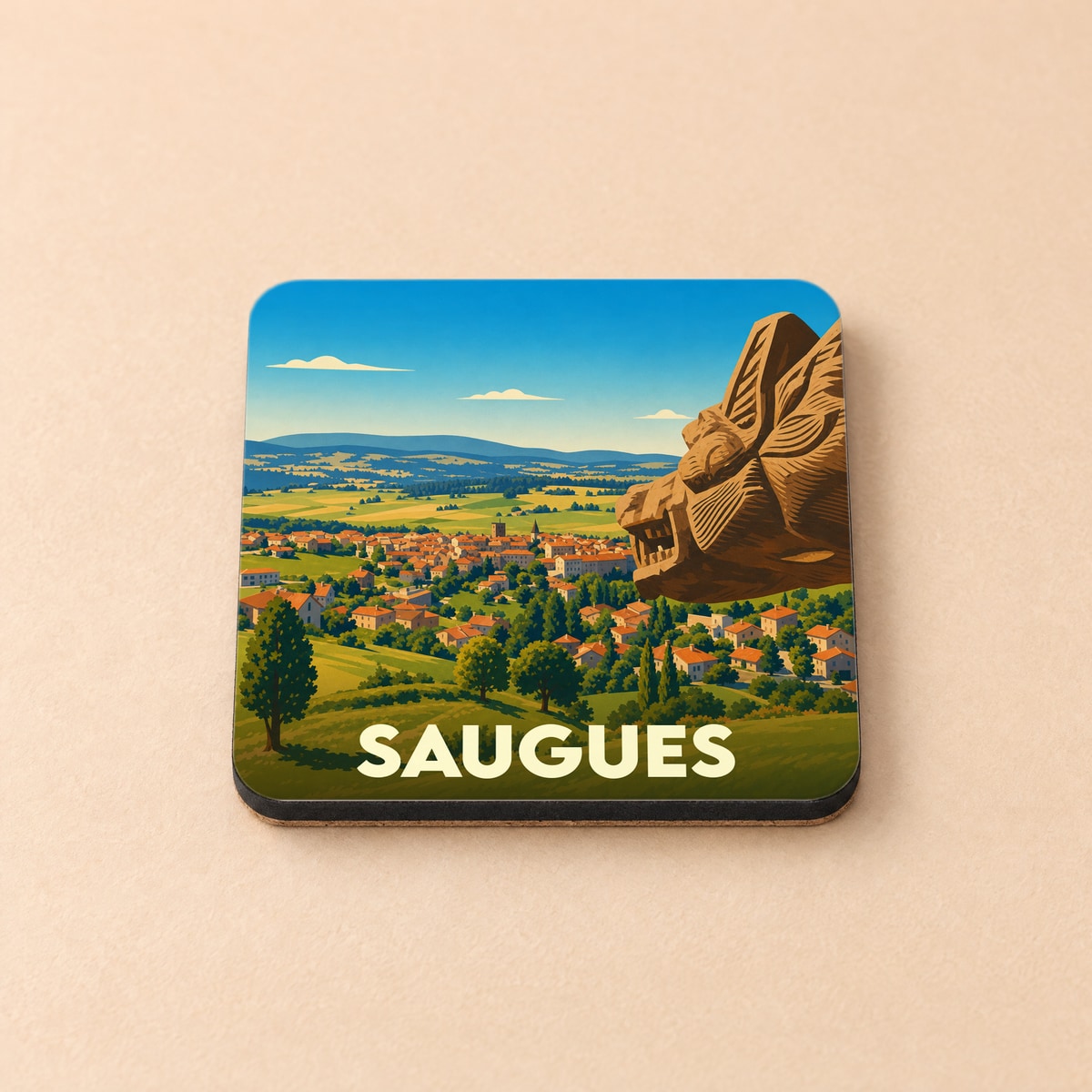 Dessous de verre souvenir de la ville de Saugues avec une illustration stylisée représentant un panorama et la Bête du Gévaudan.