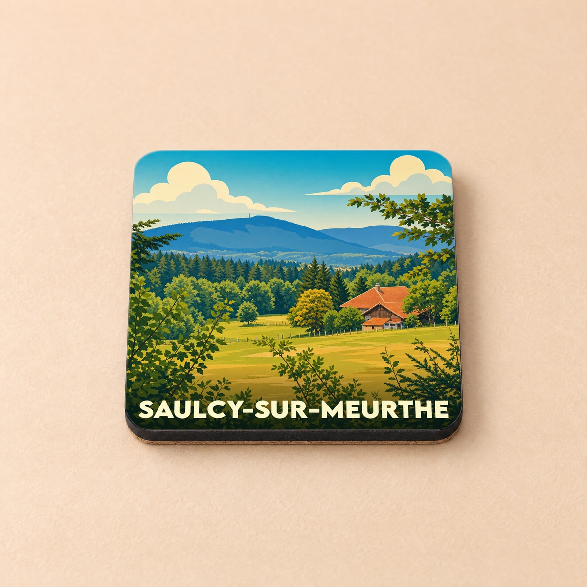 Dessous de verre souvenir de la ville de Saulcy-sur-Meurthe avec une illustration paysagère stylisée.