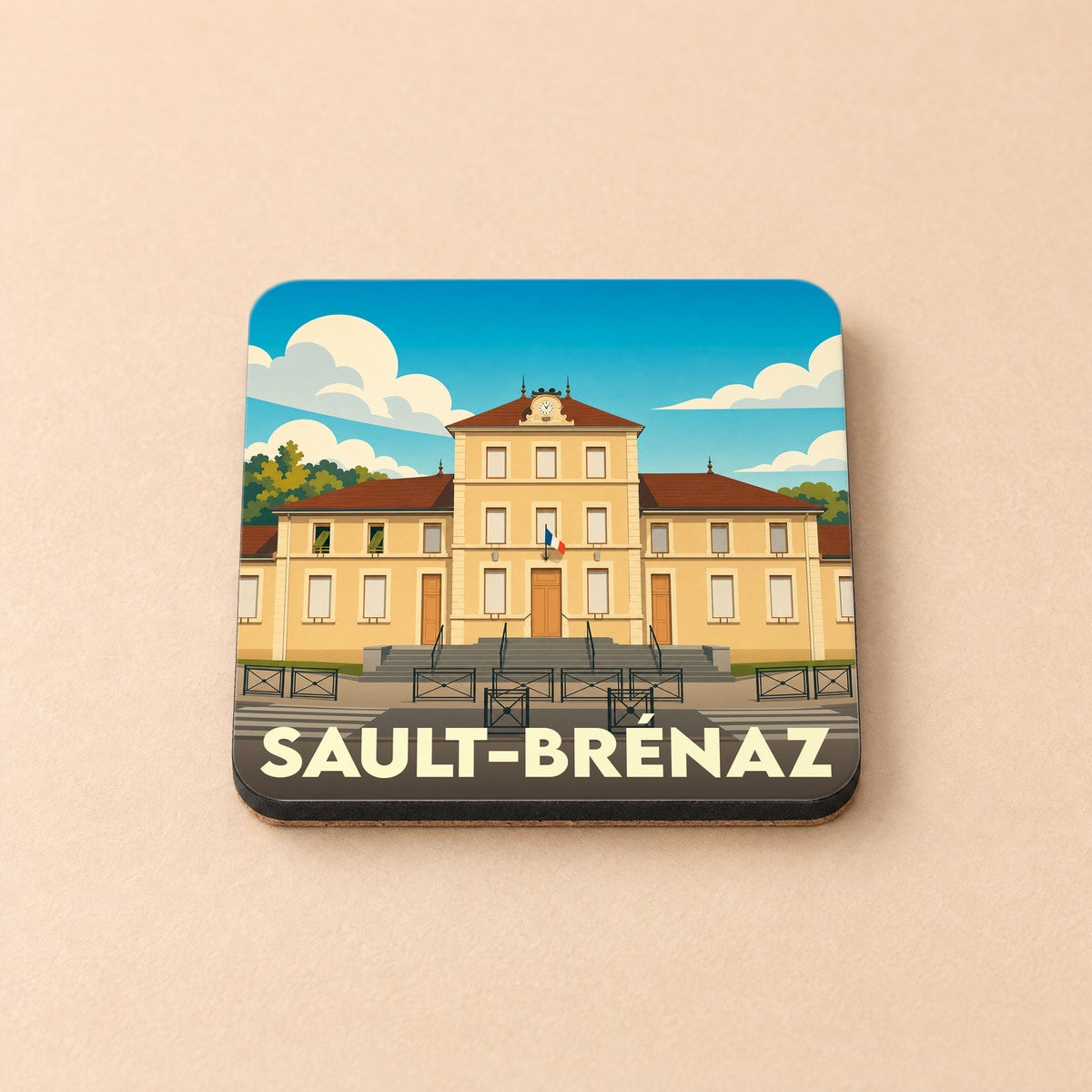 Dessous de verre souvenir de la ville de Sault-Brénaz avec une illustration stylisée de sa mairie.