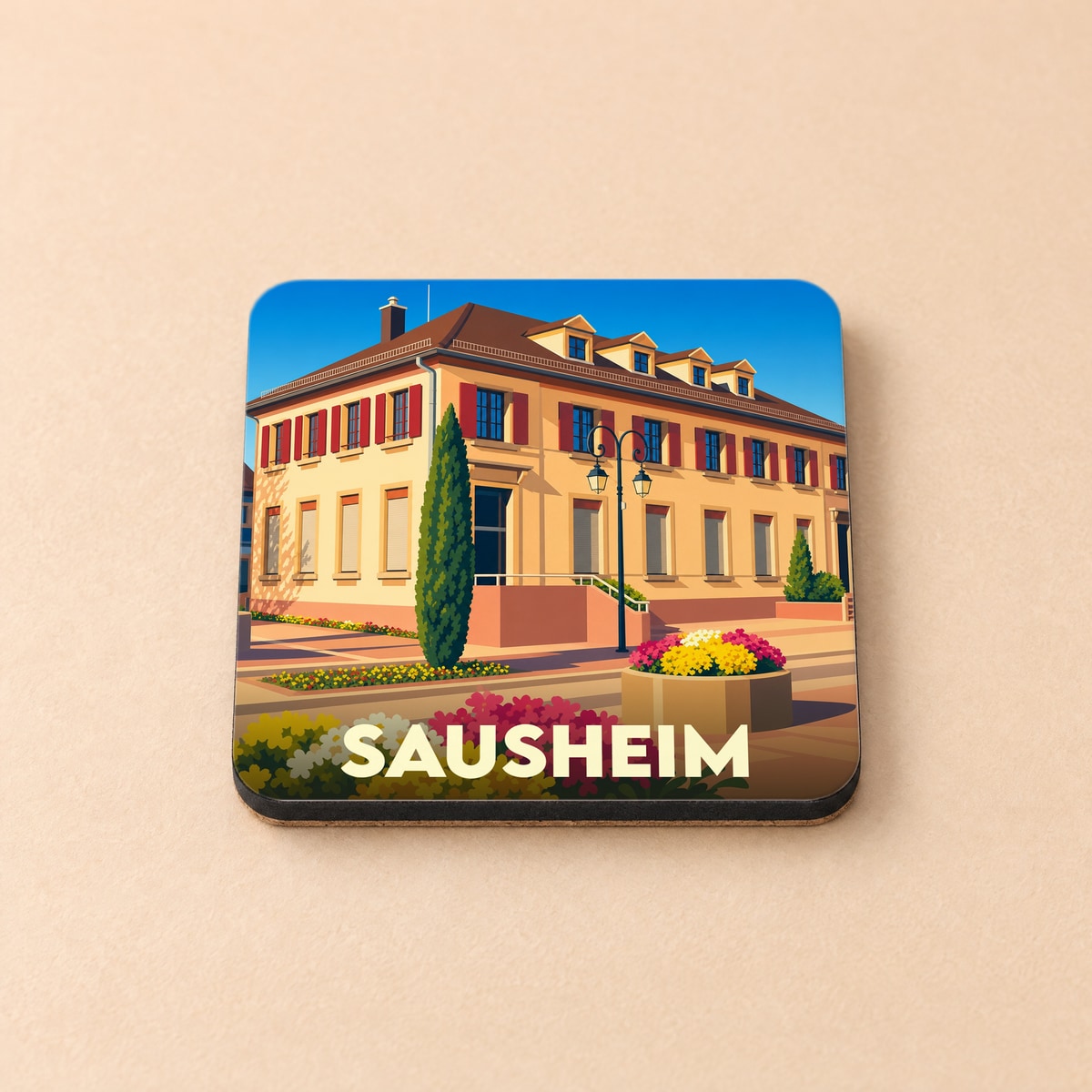 Dessous de verre souvenir de la ville de Sausheim avec une illustration stylisée de sa mairie fleurie.