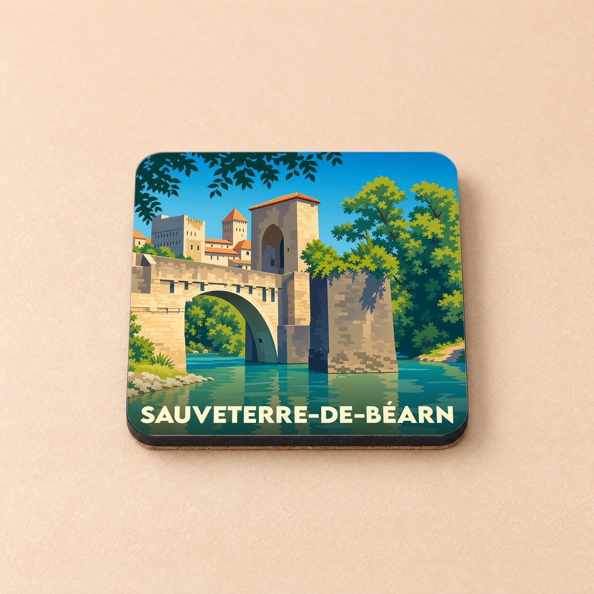 Dessous de verre souvenir de la ville de Sauveterre-de-Béarn avec une illustration stylisée de son célèbre pont médiéval.