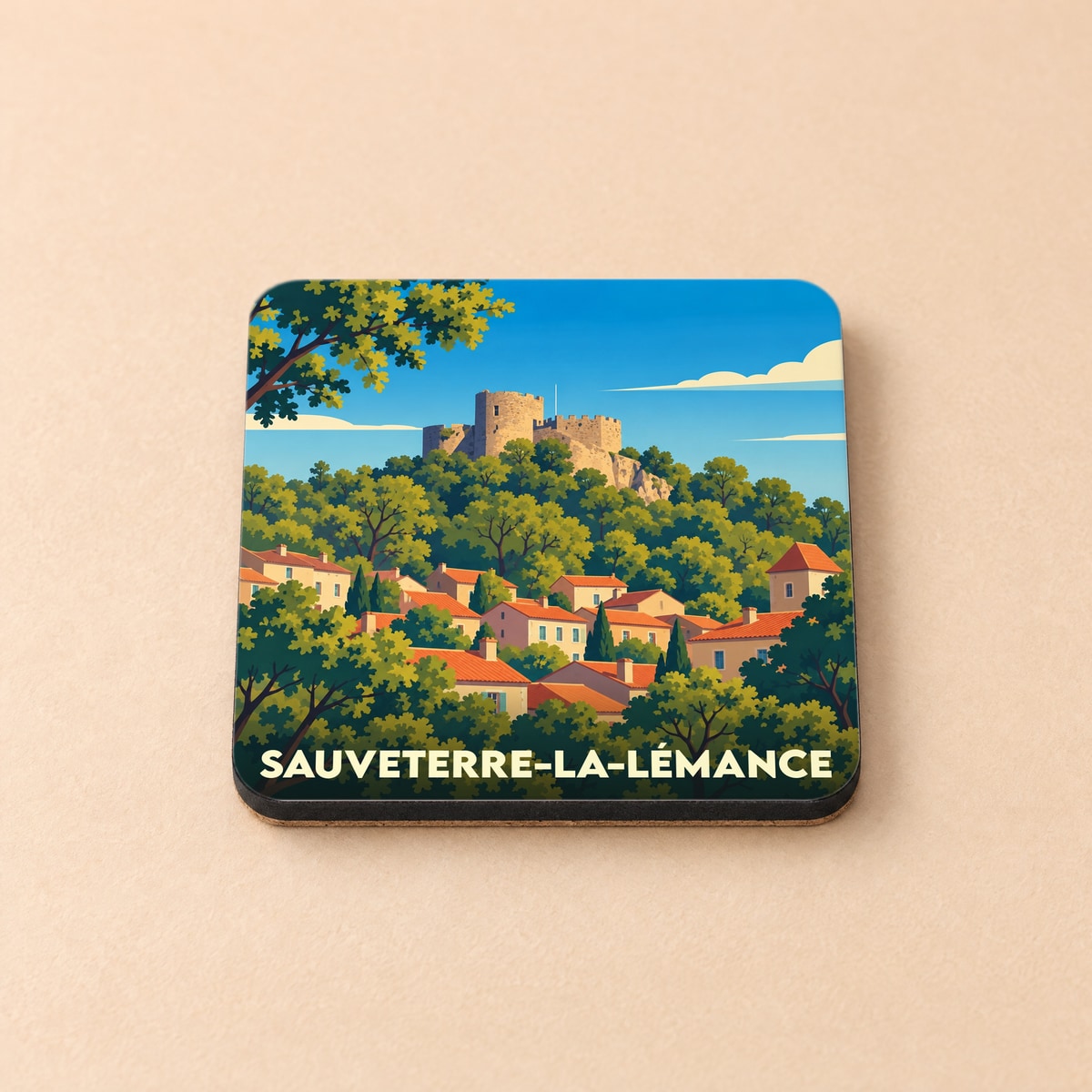 Dessous de verre souvenir de Sauveterre-la-Lémance avec une illustration stylisée de son château et de ses maisons.
