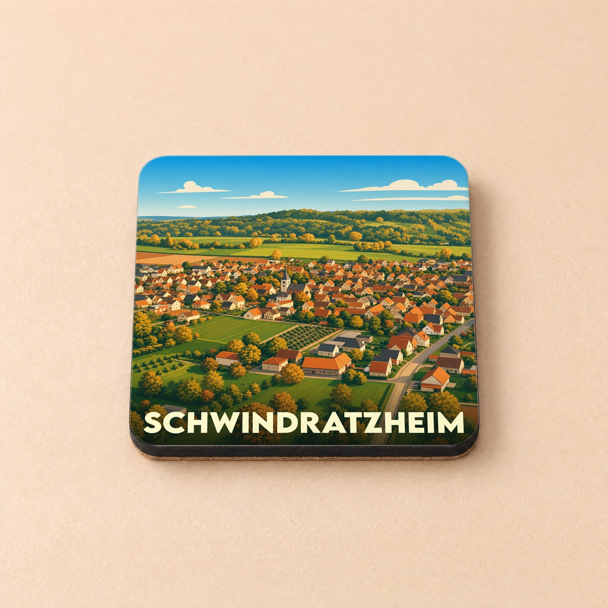 Dessous de verre souvenir de la ville de Schwindratzheim avec une illustration paysagère stylisée.