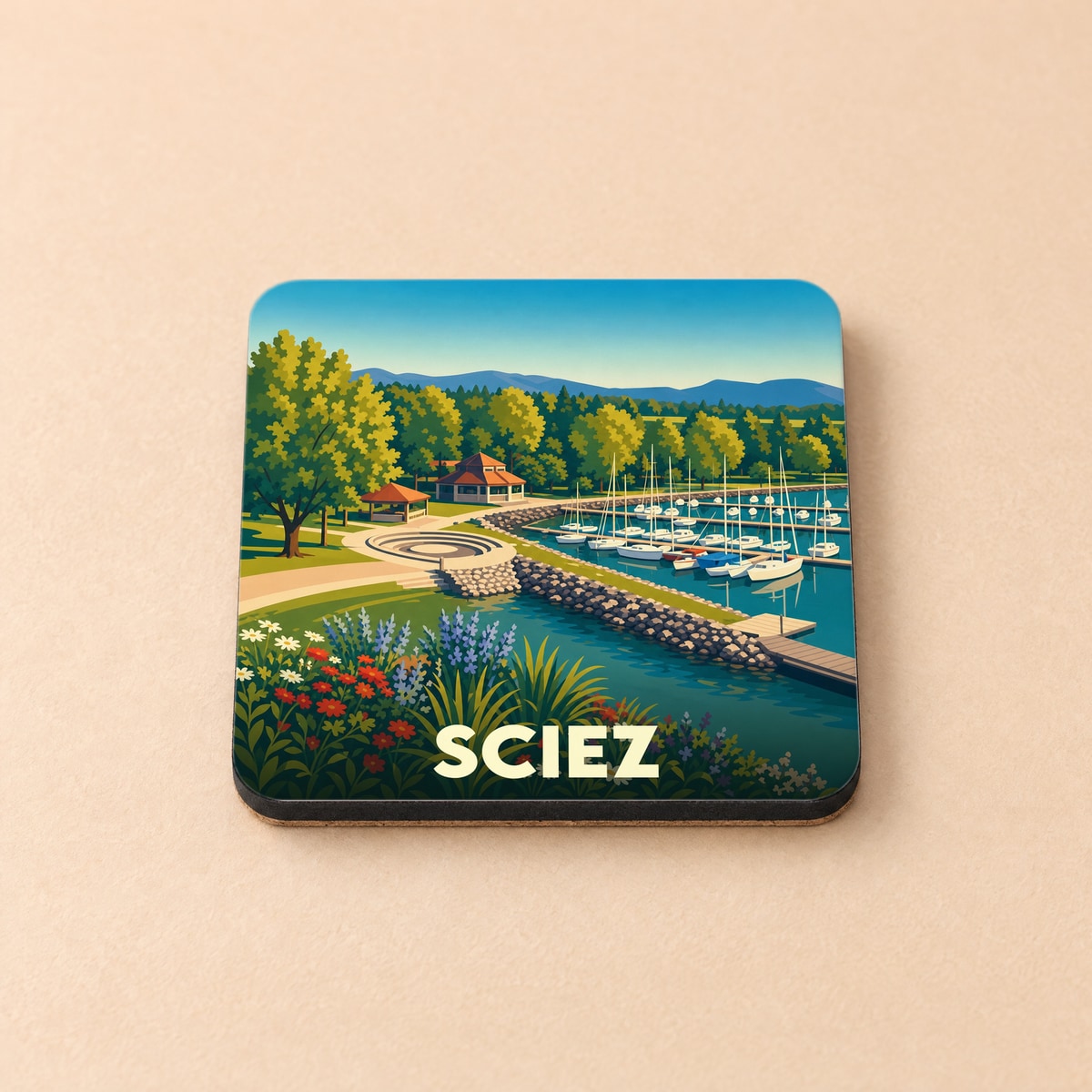 Dessous de verre souvenir de la ville de Sciez avec une illustration stylisée de son port.