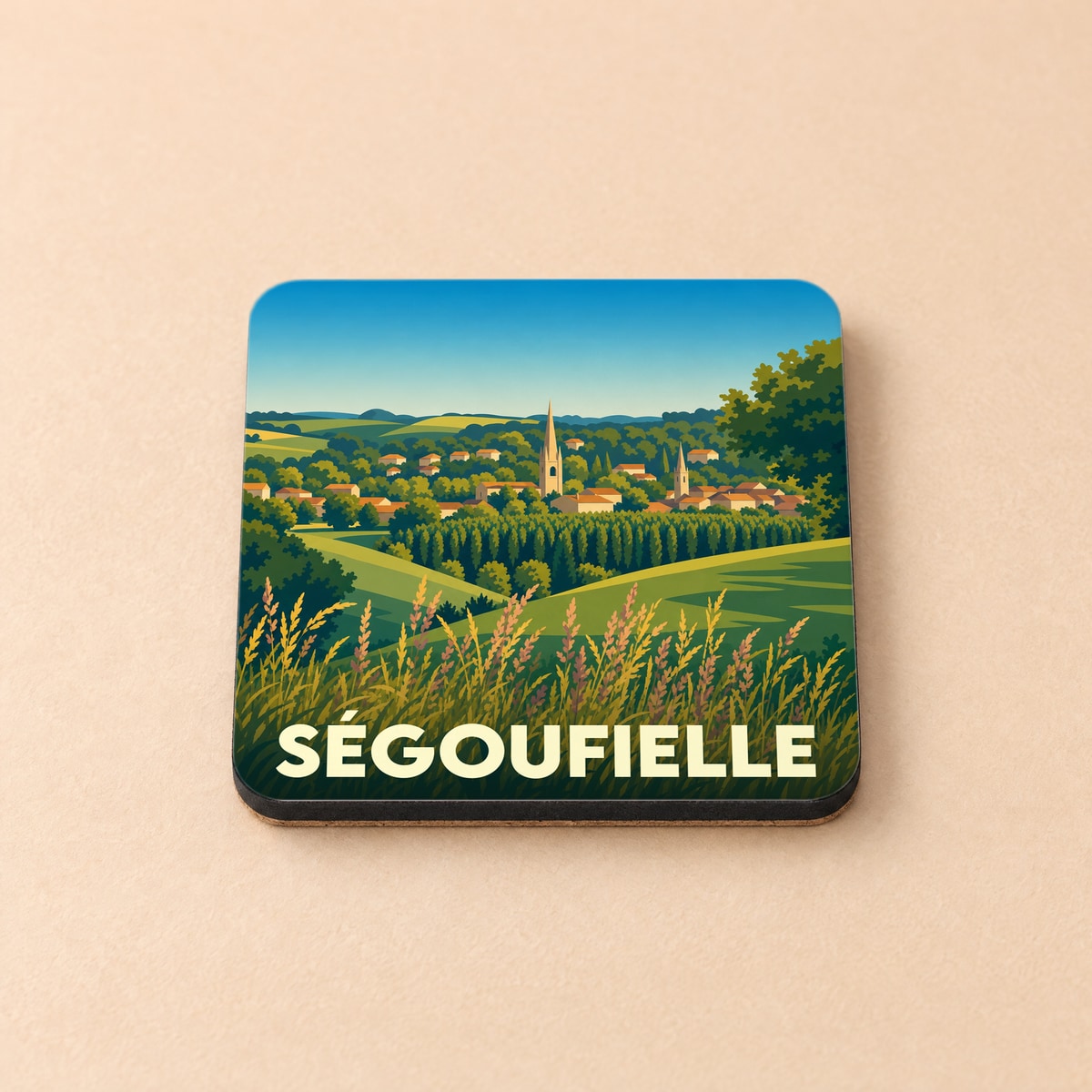 Dessous de verre souvenir de la ville de Ségoufielle avec une illustration stylisée de son paysage rural.