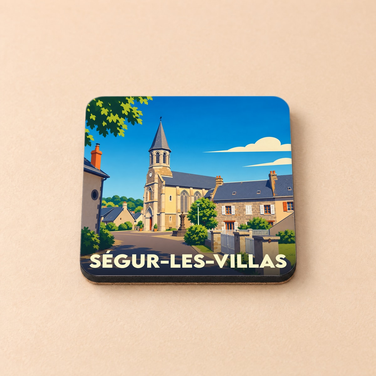 Dessous de verre souvenir de la ville de Ségur-les-Villas avec une illustration stylisée de son église et de ses maisons.