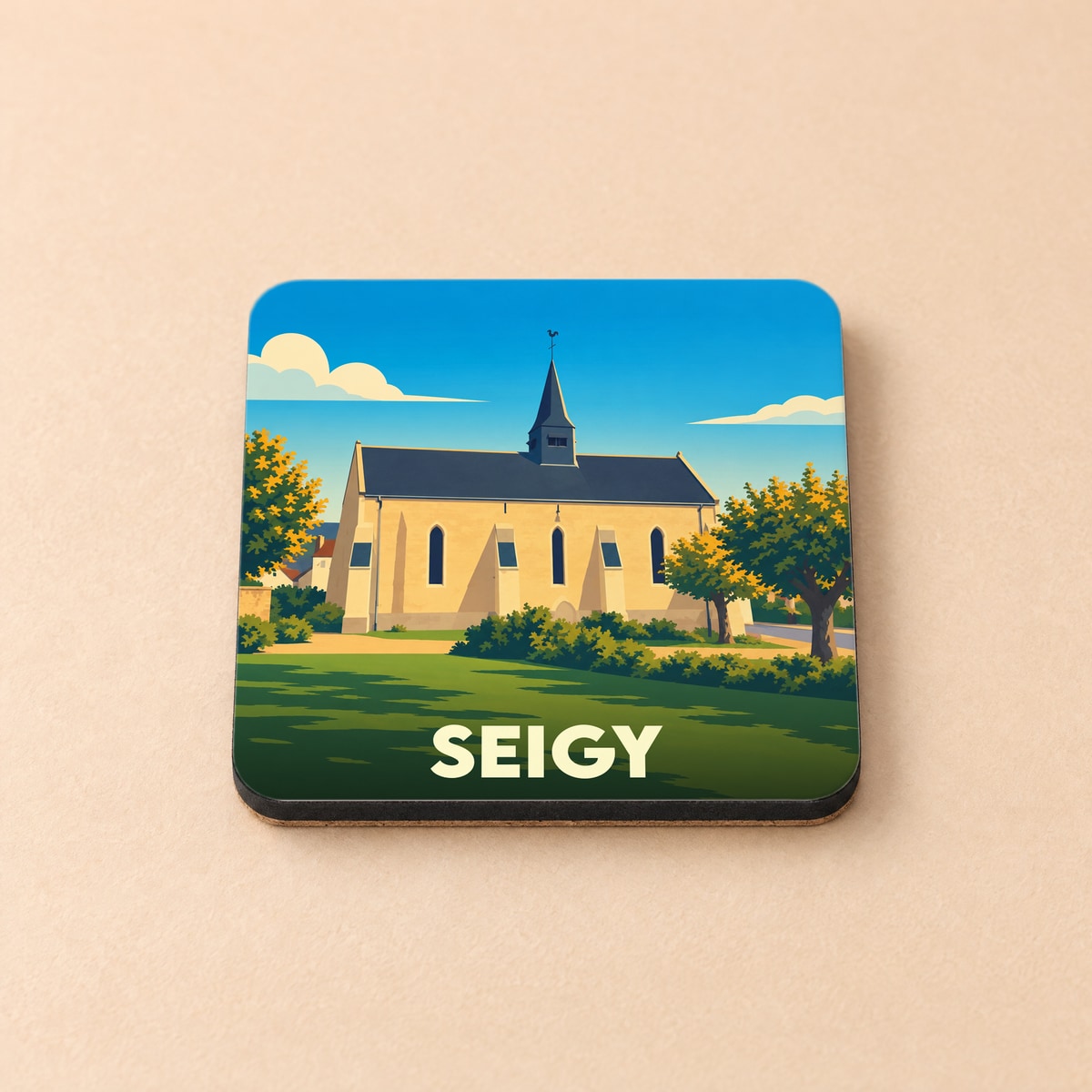 Dessous de verre souvenir de la ville de Seigy avec une illustration stylisée de son église.