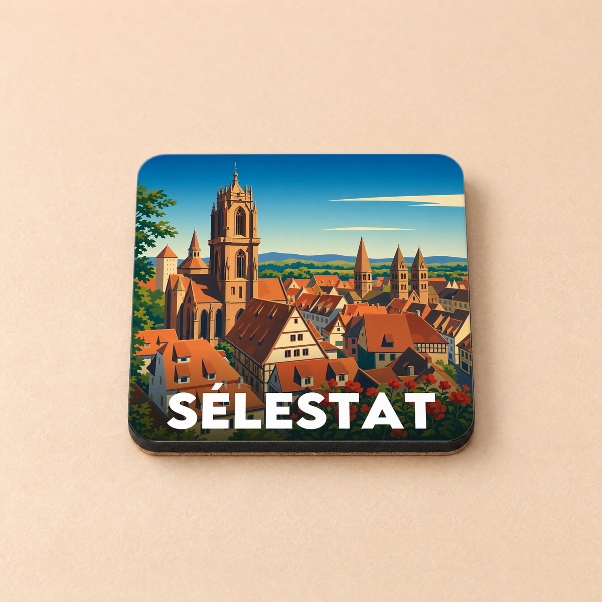 Dessous de verre souvenir de la ville de Sélestat avec une illustration stylisée de son centre historique.