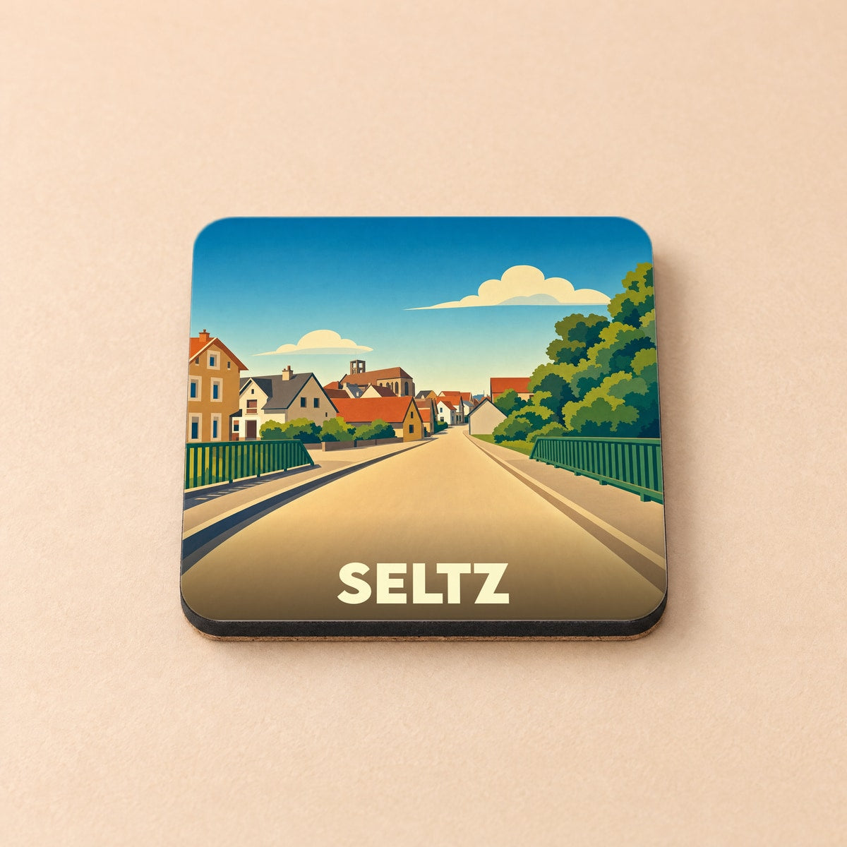 Dessous de verre souvenir de la ville de Seltz avec une illustration stylisée.
