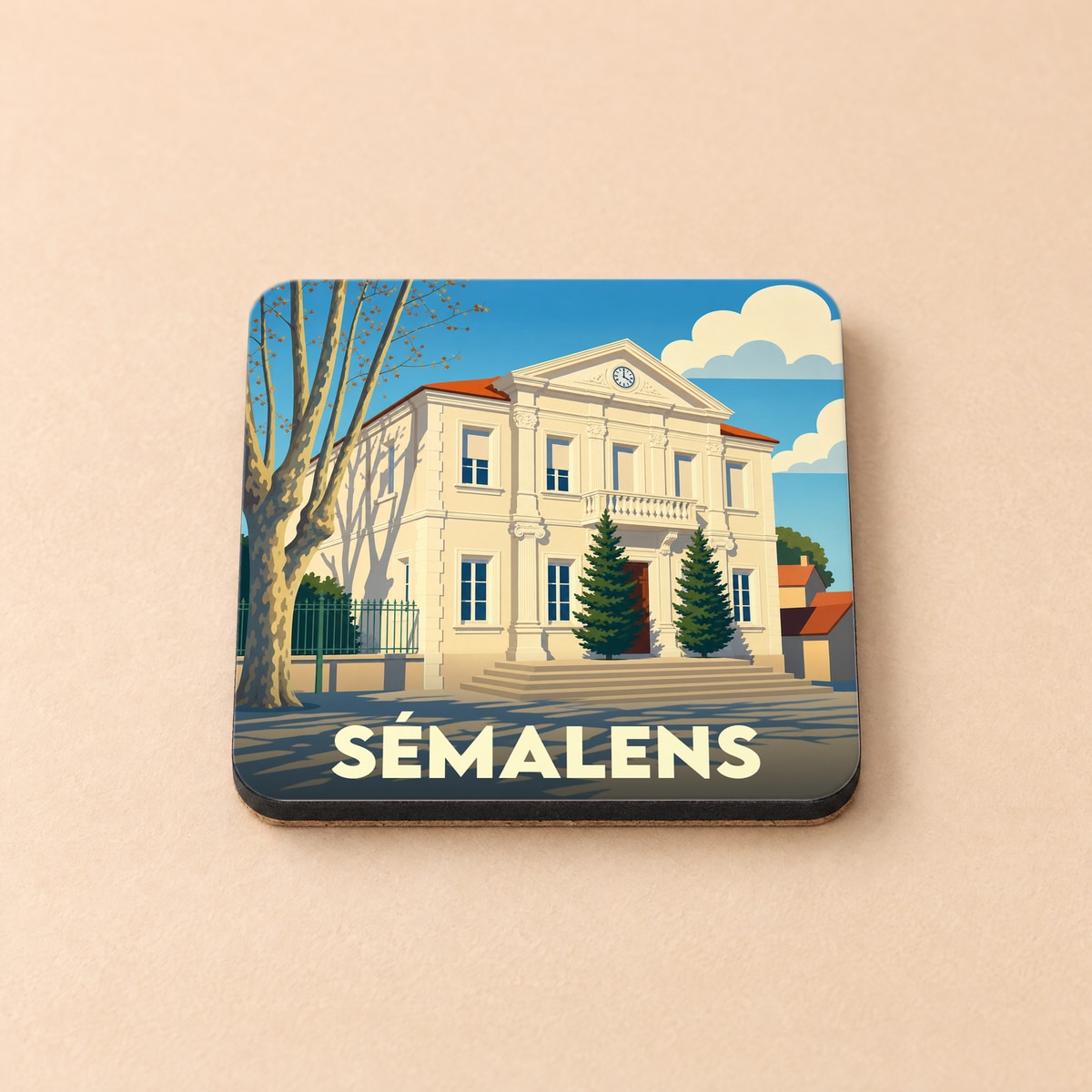 Dessous de verre souvenir de la ville de Sémalens avec une illustration stylisée de la mairie.