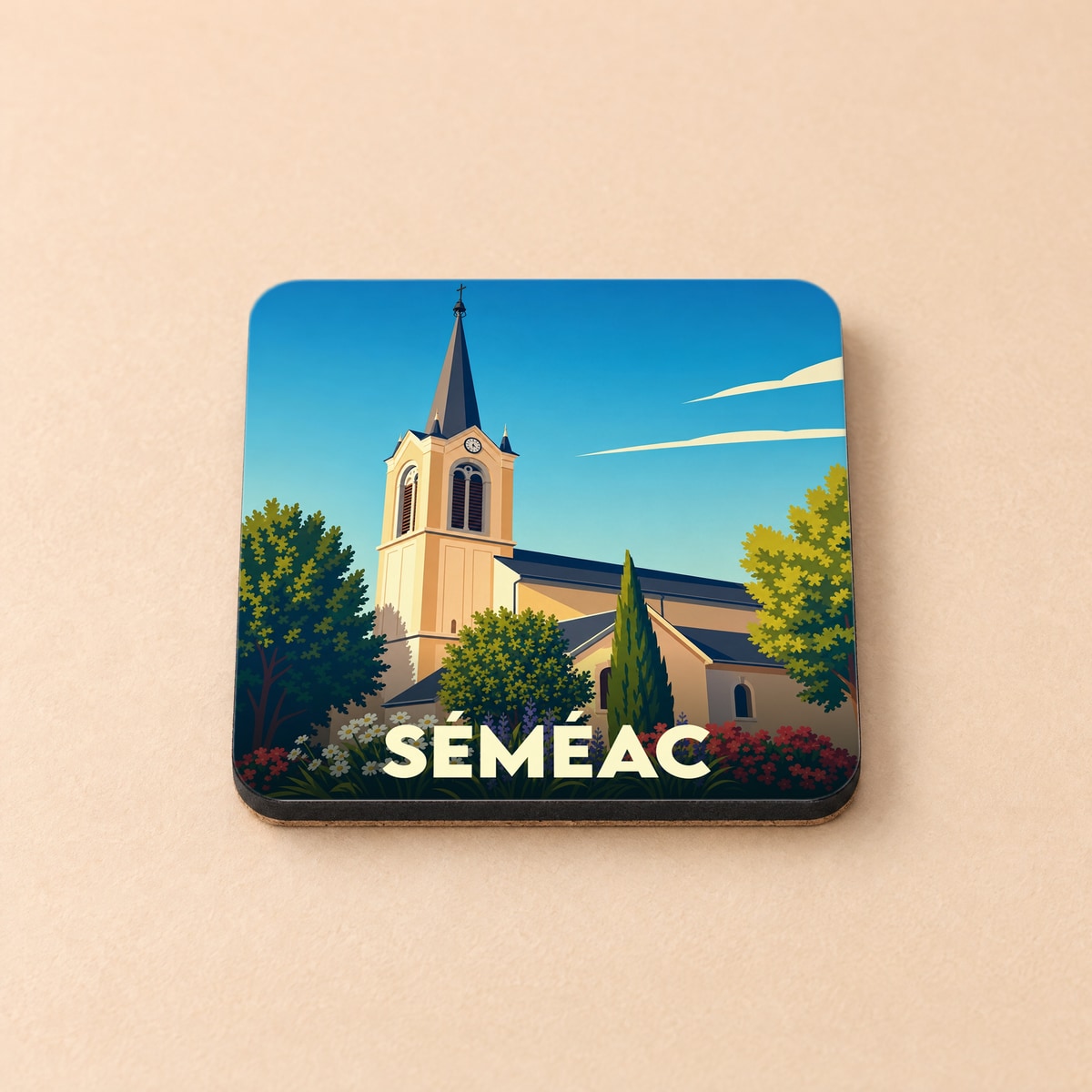 Dessous de verre souvenir de la ville de Séméac avec une illustration stylisée de son église.