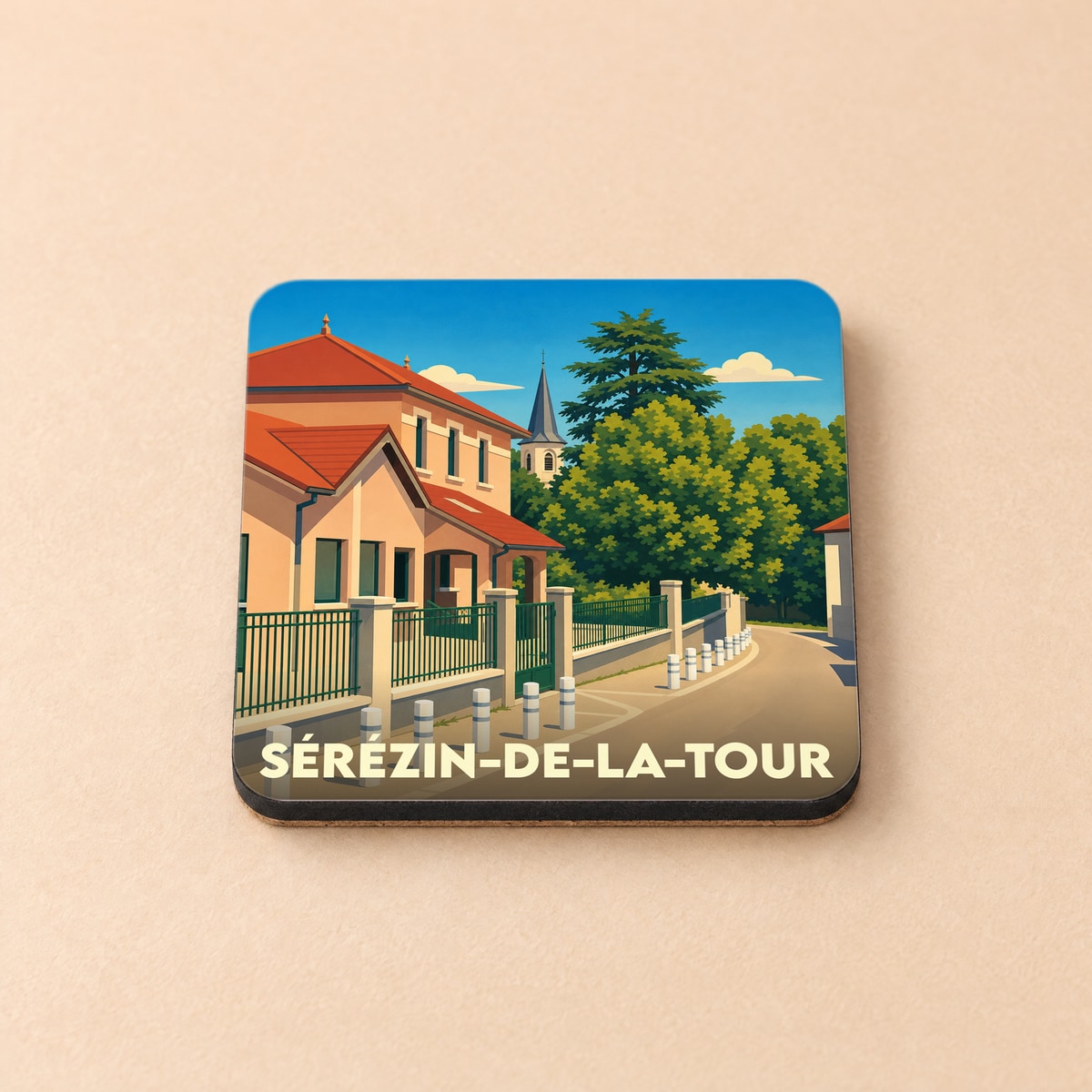 Dessous de verre souvenir de la ville de Sérézin-de-la-Tour avec une illustration stylisée d'un paysage urbain.