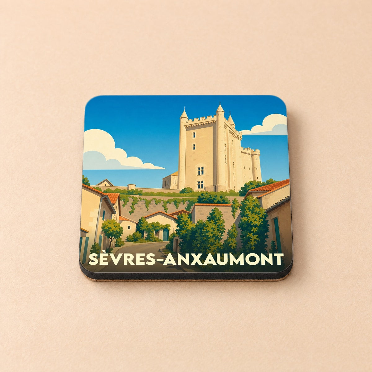 Dessous de verre souvenir de Sèvres-Anxaumont avec une illustration stylisée de son château et de ses maisons.