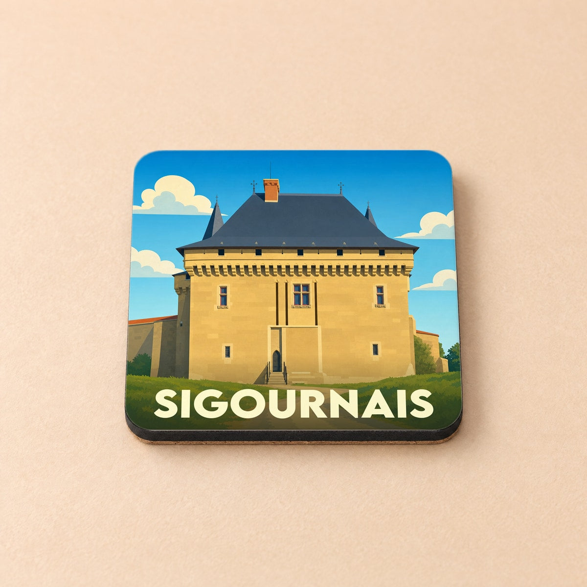 Dessous de verre souvenir de la ville de Sigournais avec une illustration stylisée de son château.