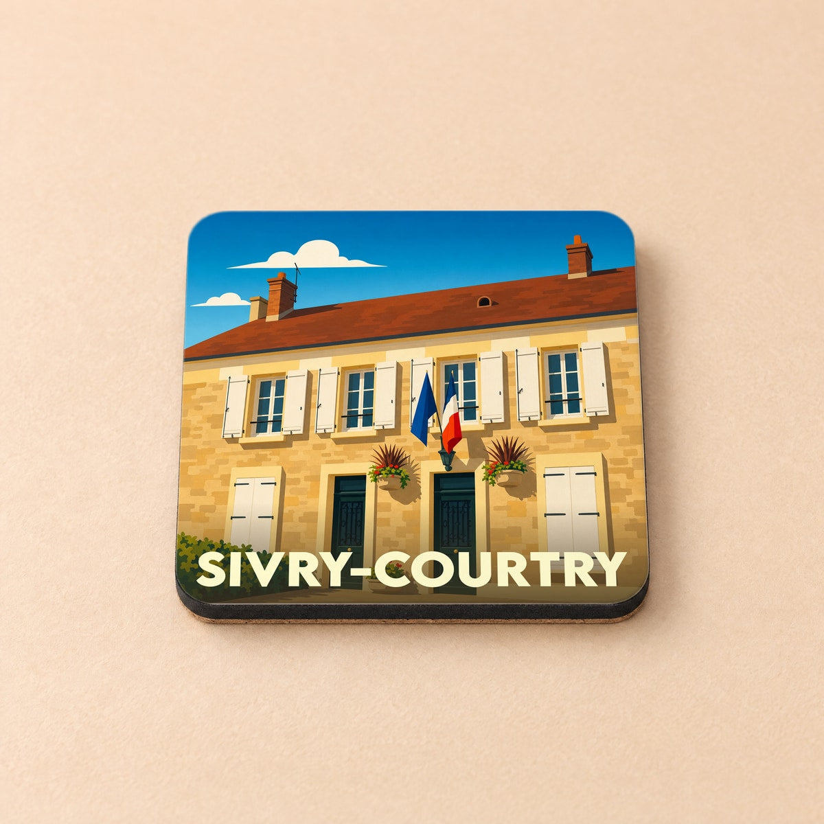 Dessous de verre souvenir de la ville de Sivry-Courtry avec une illustration stylisée de la mairie.