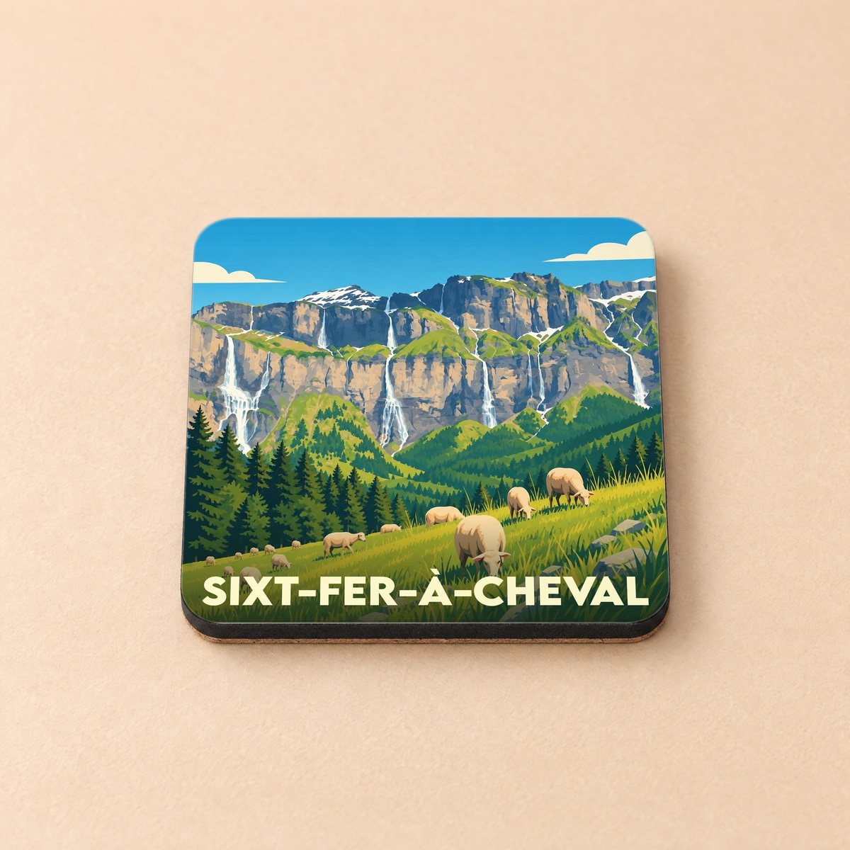 Dessous de verre souvenir de Sixt-Fer-à-Cheval illustrant le cirque montagneux et ses cascades avec des moutons au premier plan.