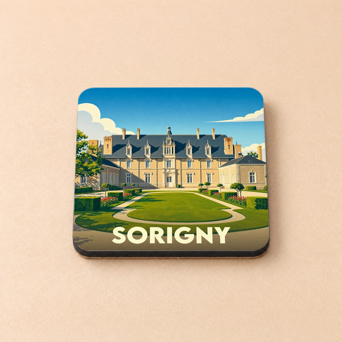 Dessous de verre souvenir de la ville de Sorigny avec une illustration stylisée d'un château.