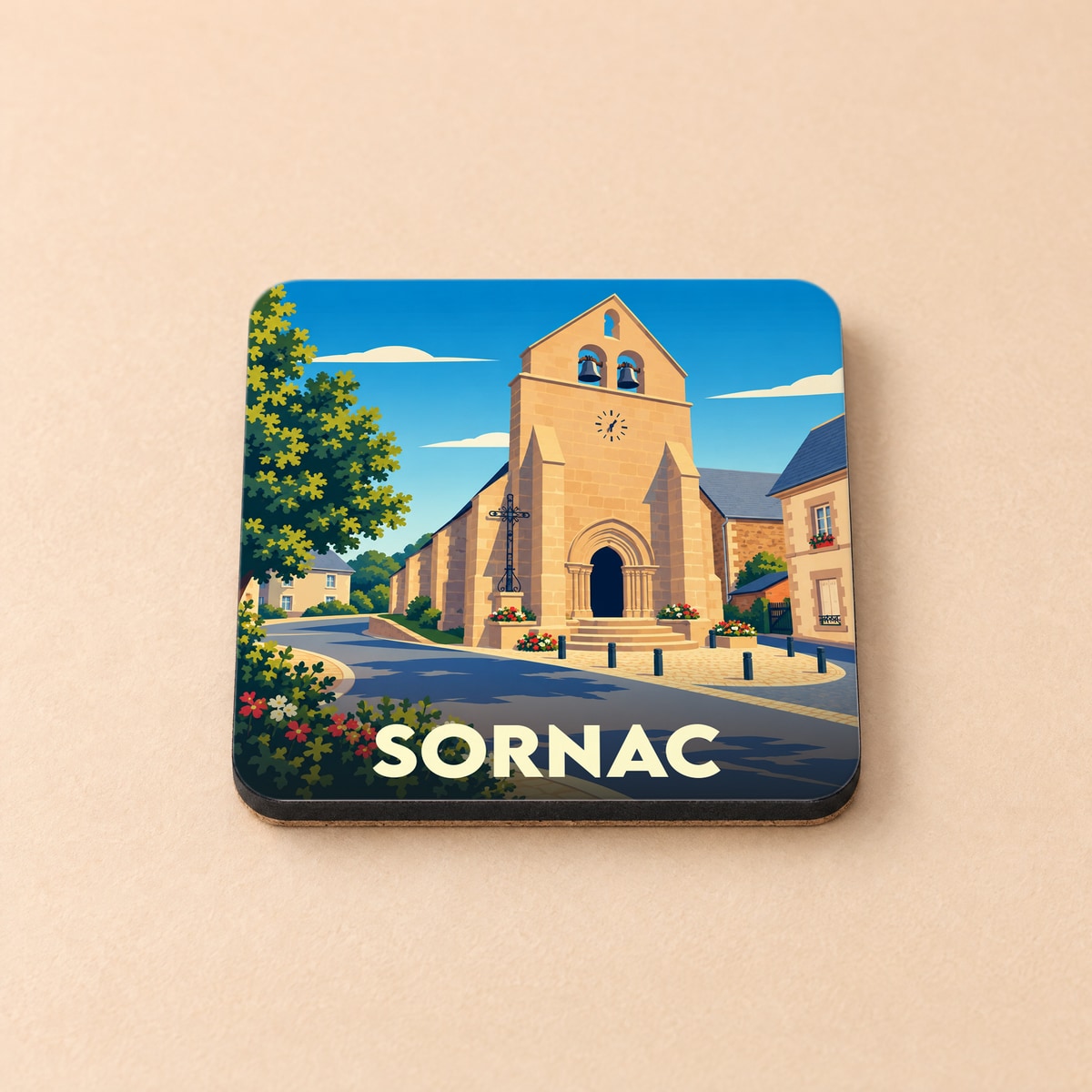 Dessous de verre souvenir de la ville de Sornac avec une illustration stylisée de son église.
