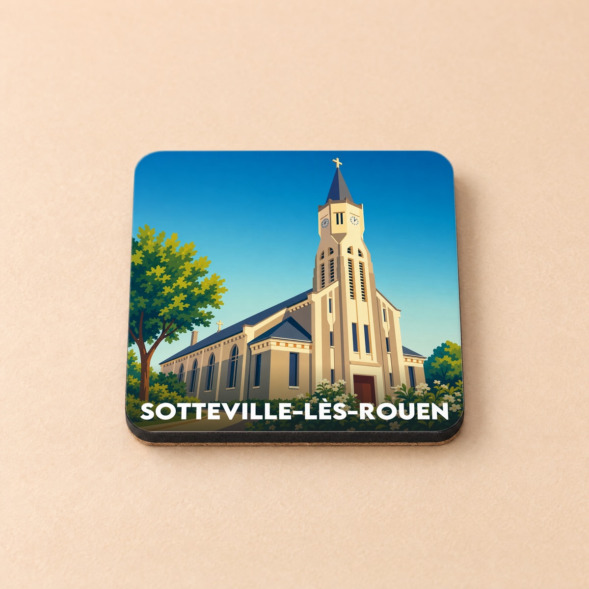 Dessous de verre souvenir de la ville de Sotteville-lès-Rouen avec une illustration stylisée de son église.