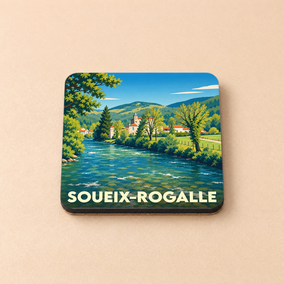 Dessous de verre souvenir de la ville de Soueix-Rogalle avec une illustration paysagère stylisée.