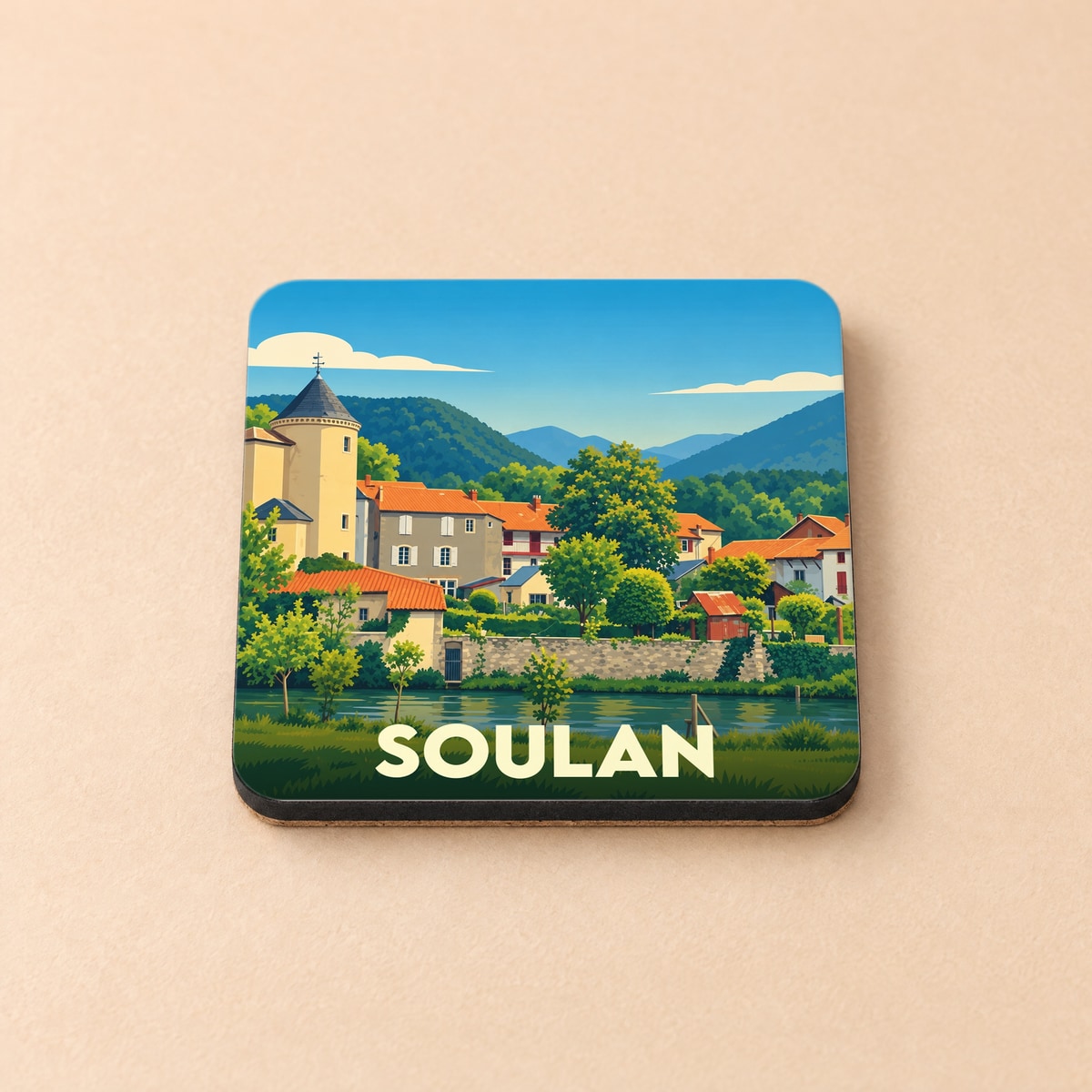 Dessous de verre souvenir de la ville de Soulan avec une illustration stylisée.