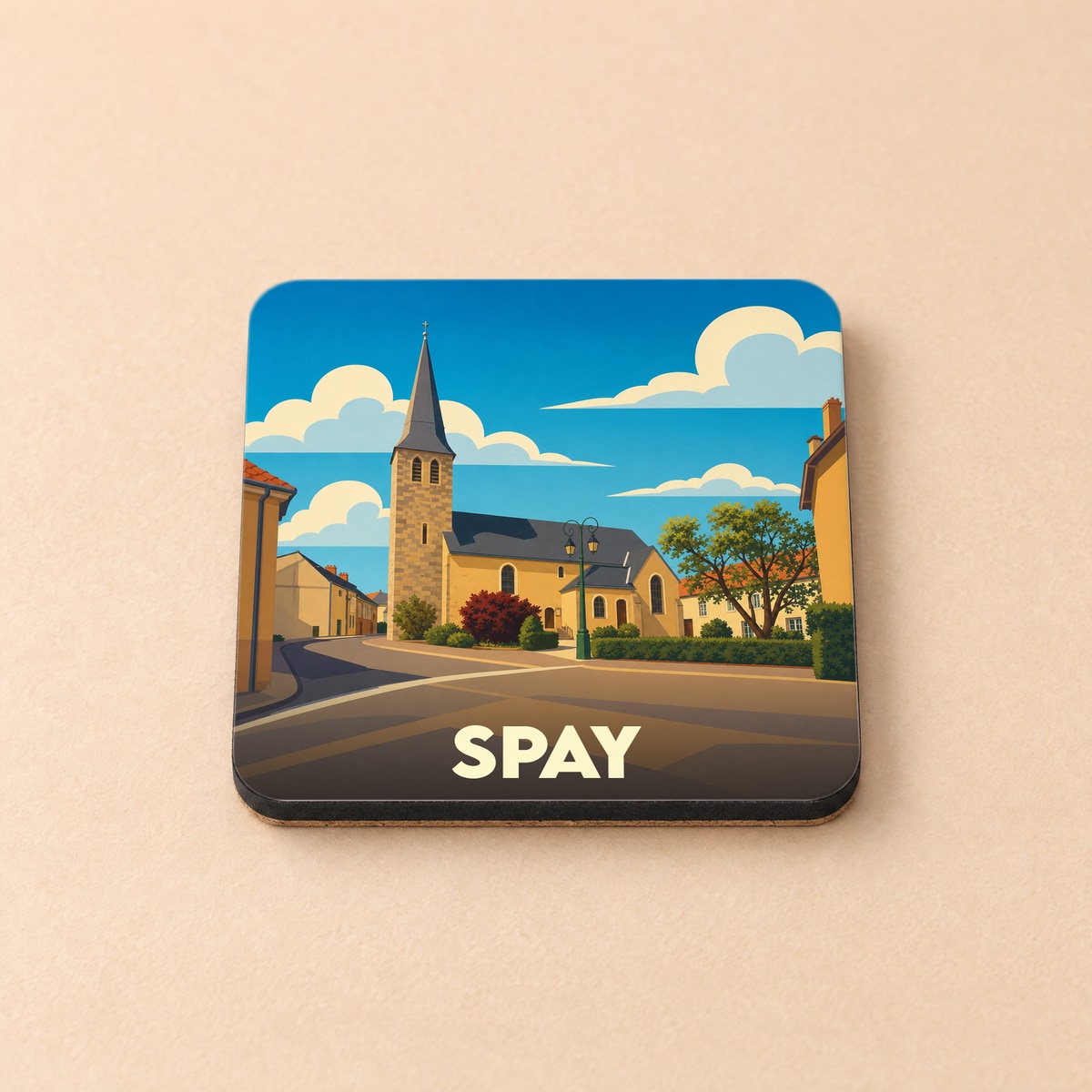 Dessous de verre souvenir de la ville de Spay avec une illustration stylisée d'une église sous un ciel bleu.