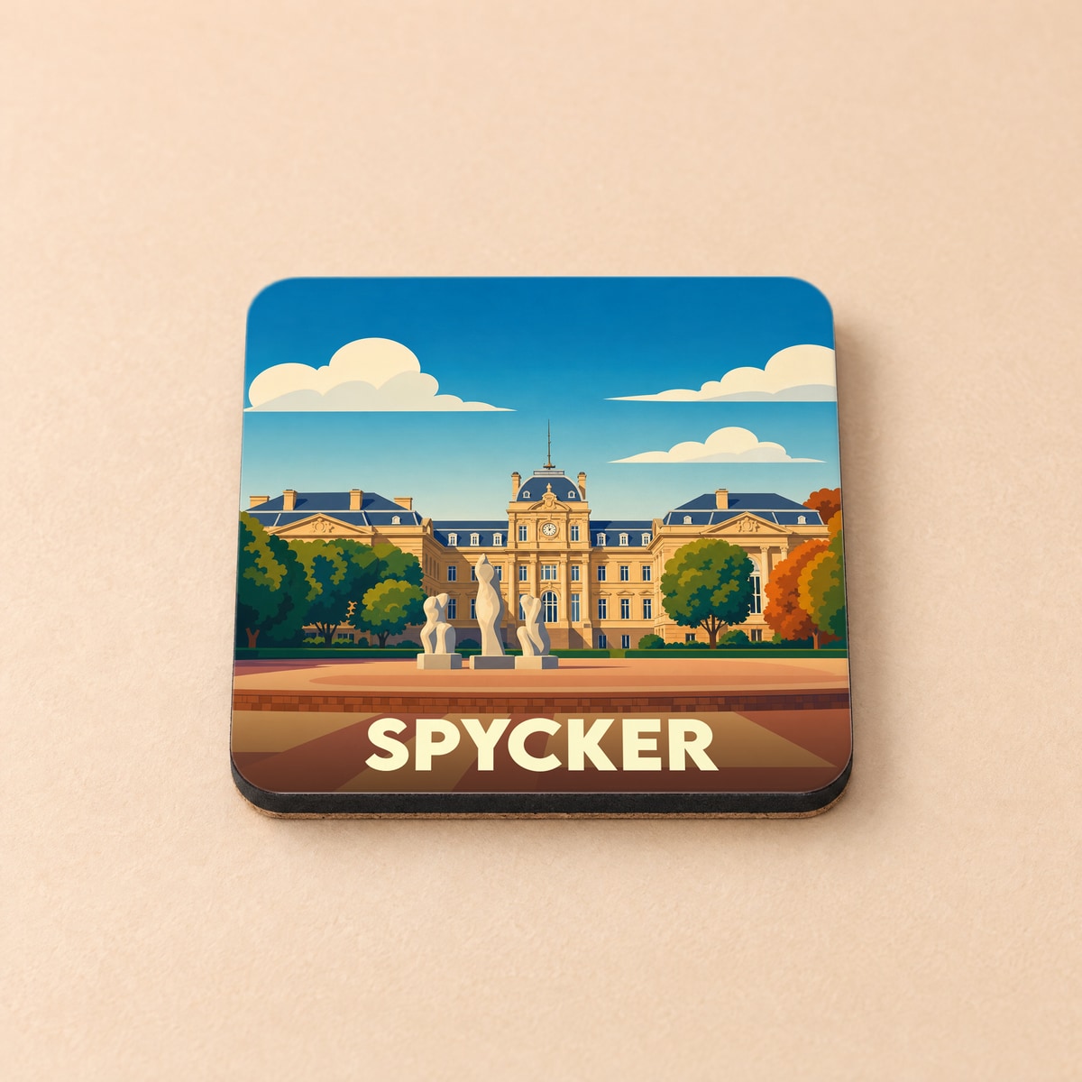 Dessous de verre souvenir de la ville de Spycker avec une illustration stylisée de son patrimoine architectural.