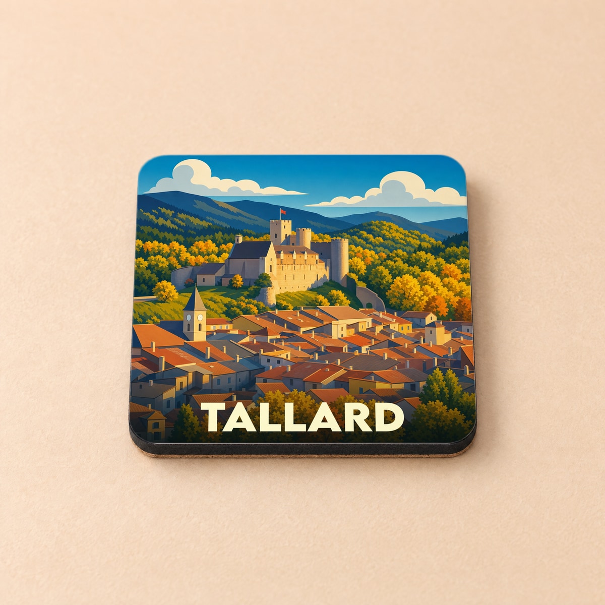 Dessous de verre souvenir de la ville de Tallard avec une illustration stylisée de son château et de ses toits provençaux.