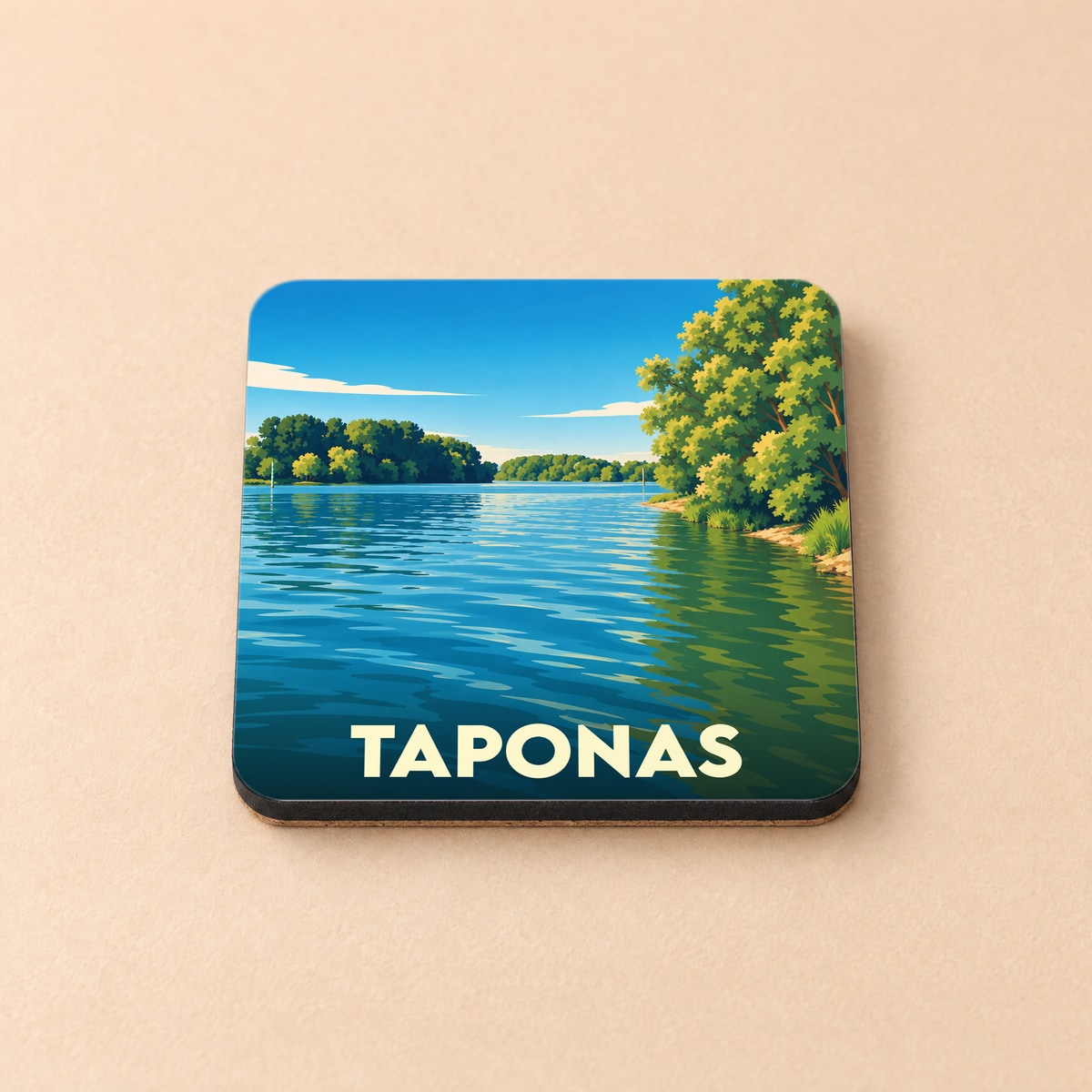 Dessous de verre souvenir de la ville de Taponas avec une illustration stylisée d'un bord de rivière arboré.