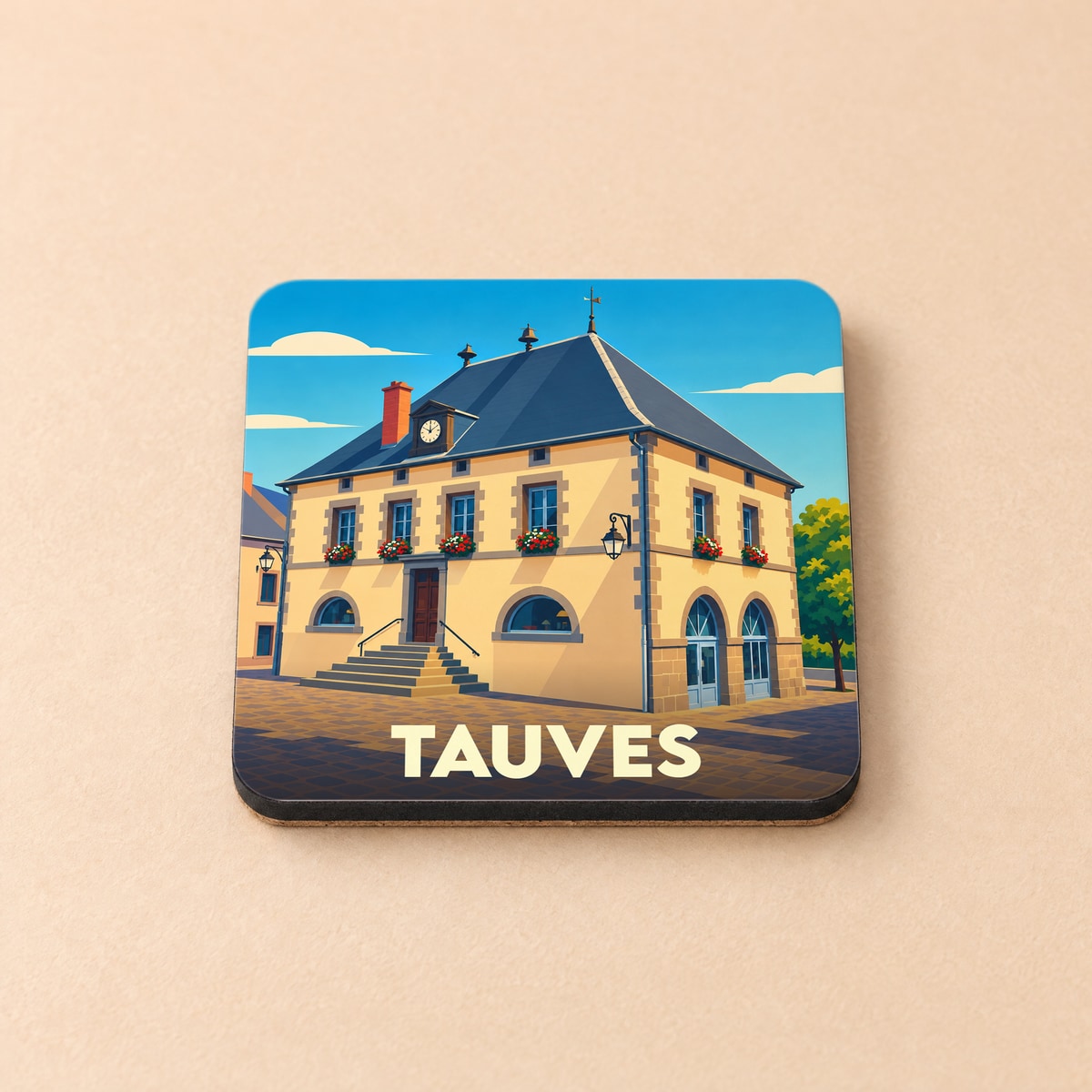 Dessous de verre souvenir de la ville de Tauves avec une illustration stylisée de sa mairie.