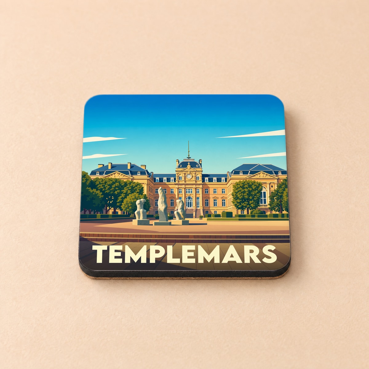 Dessous de verre souvenir de la ville de Templemars avec une illustration stylisée d'un bâtiment classique.
