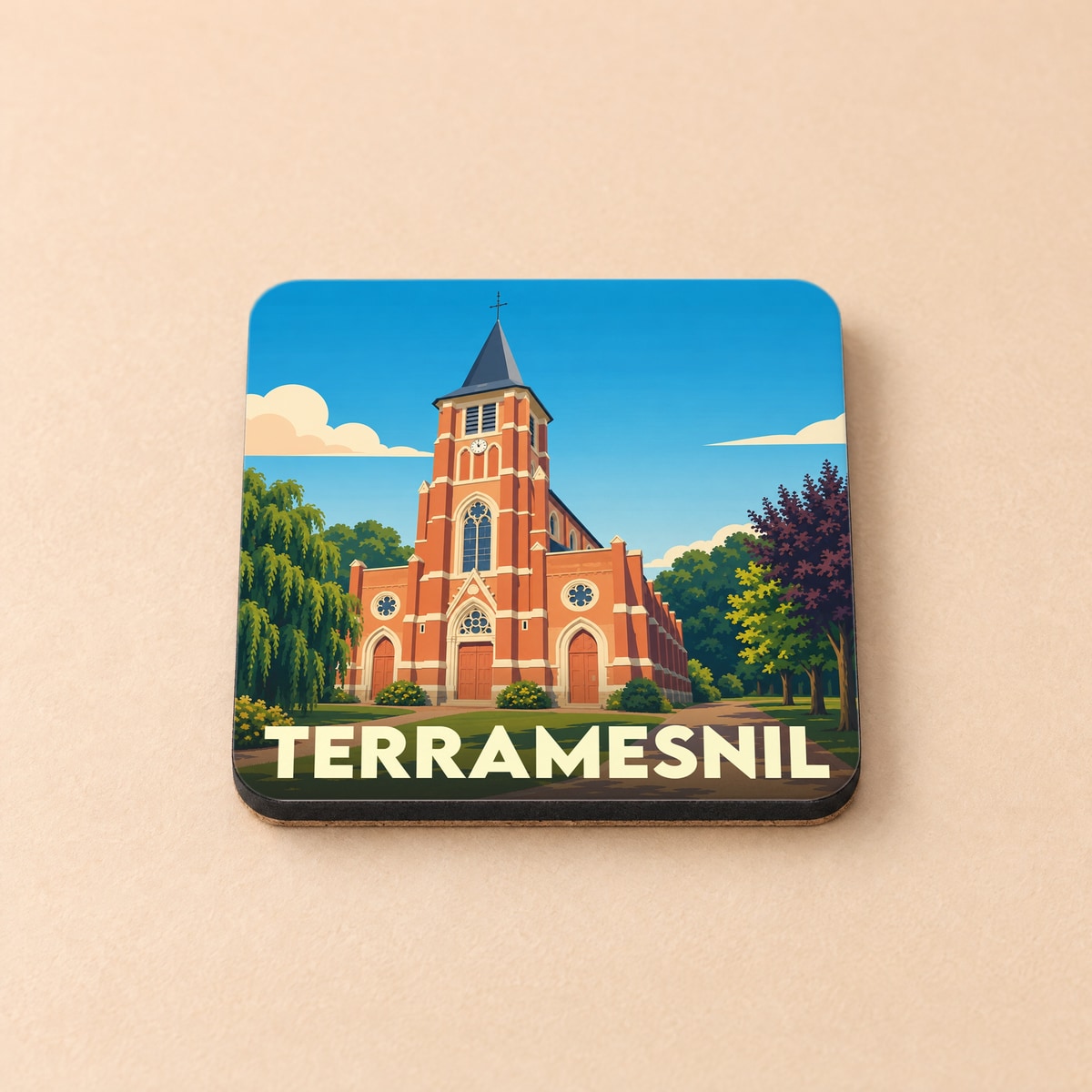 Dessous de verre souvenir de la ville de Terramesnil avec une illustration stylisée de son église.