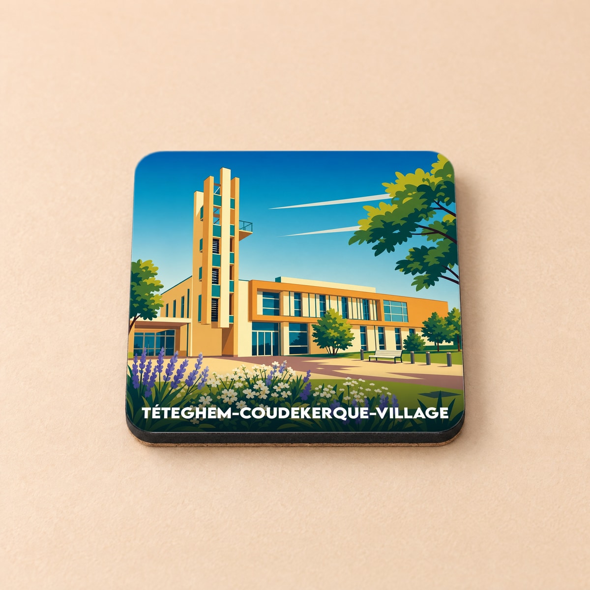 Dessous de verre souvenir de Téteghem-Coudekerque-Village avec une illustration stylisée de l'hôtel de ville.