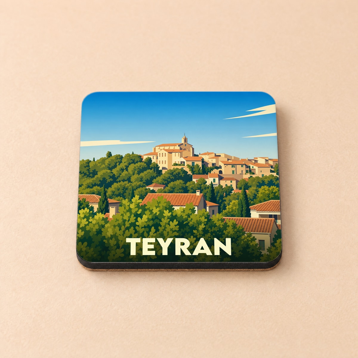 Dessous de verre souvenir de la ville de Teyran avec une illustration stylisée.