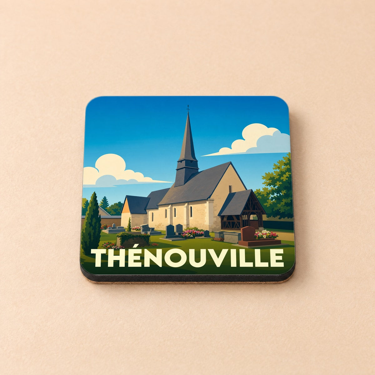 Dessous de verre souvenir de la ville de Thénouville avec une illustration stylisée de son église.