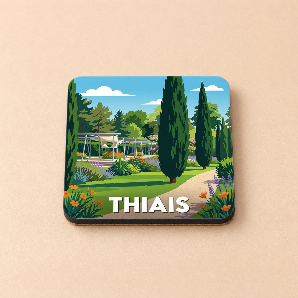 Dessous de verre souvenir de la ville de Thiais avec une illustration stylisée d'un parc arboré.
