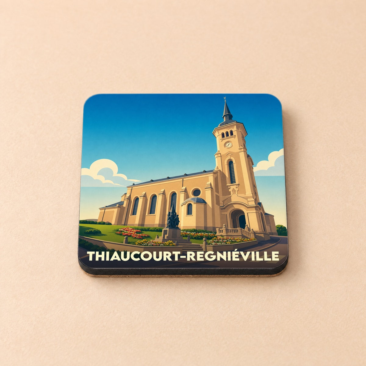 Dessous de verre souvenir de la ville de Thiaucourt-Regniéville avec une illustration stylisée de son église.