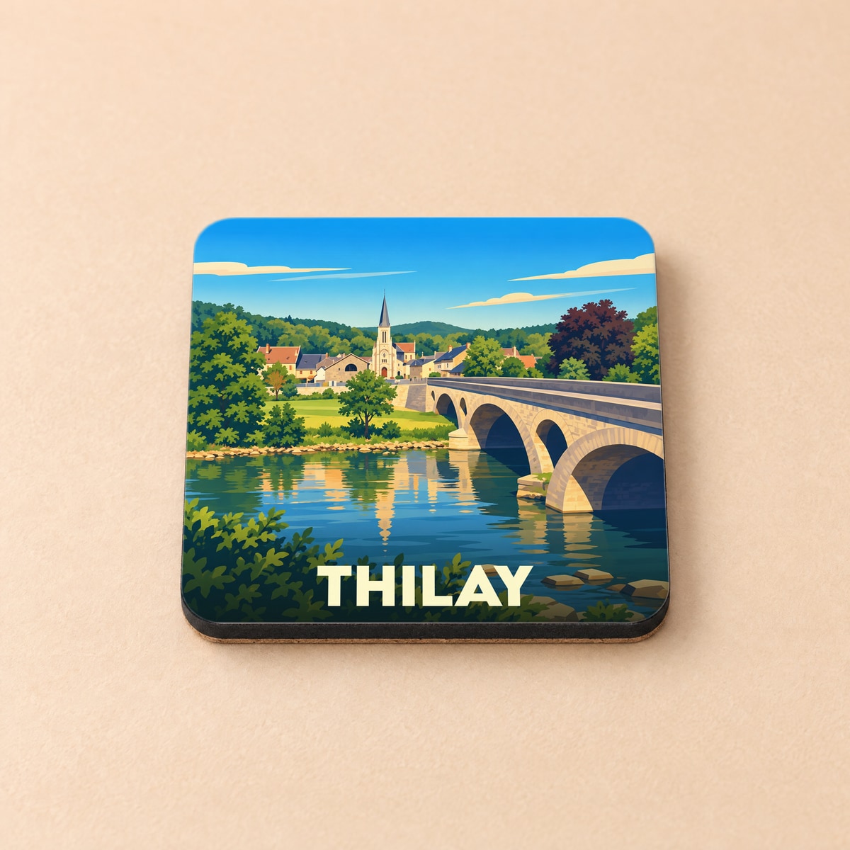 Dessous de verre souvenir de la ville de Thilay avec une illustration stylisée représentant son pont et son église.