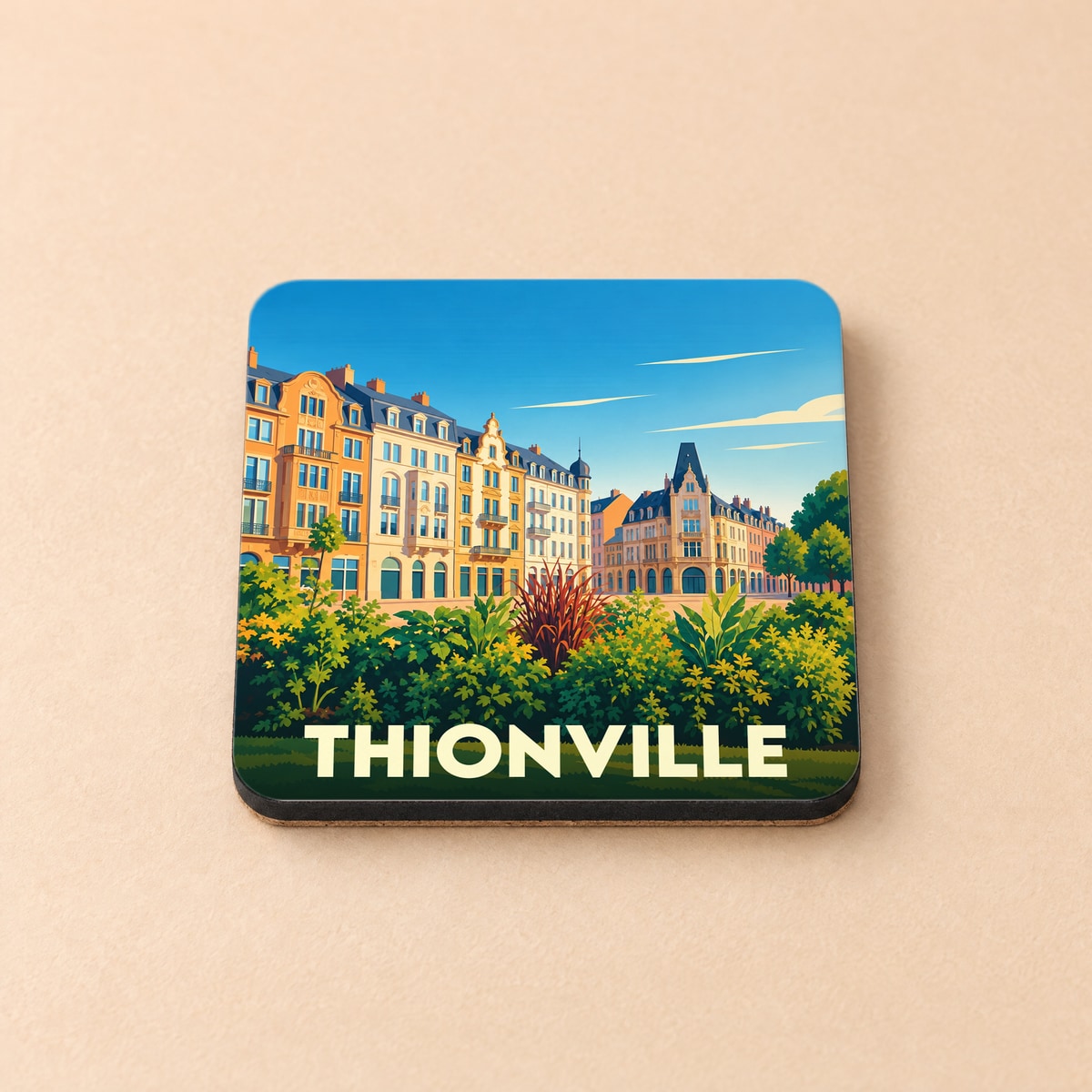 Dessous de verre souvenir de la ville de Thionville orné d'une illustration stylisée de ses bâtiments colorés et de sa végétation.