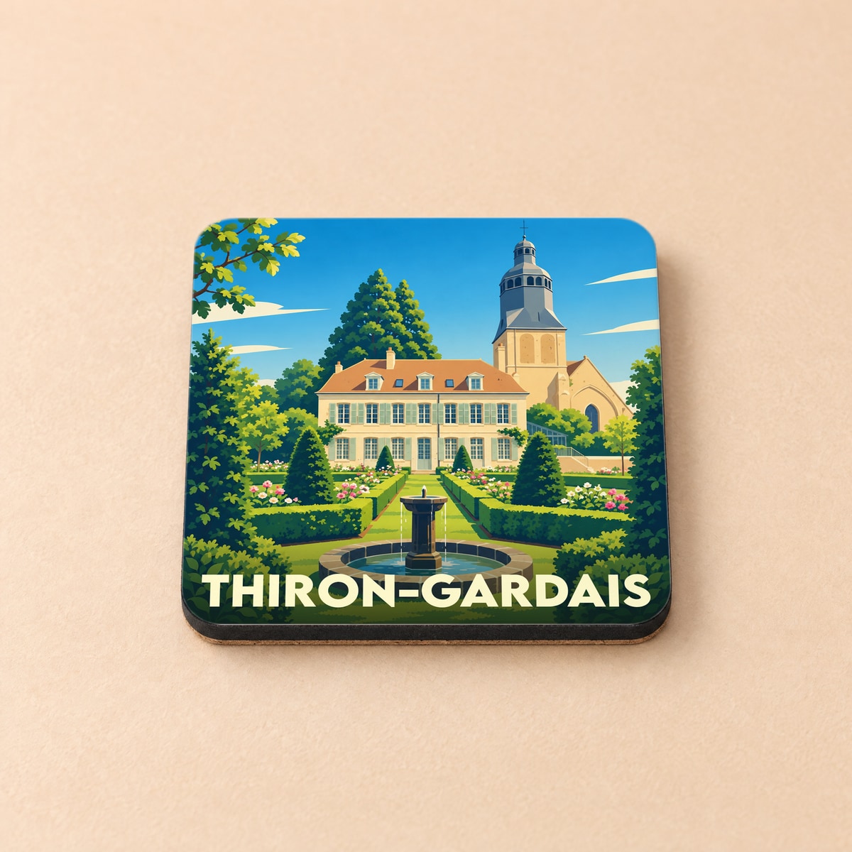 Dessous de verre souvenir de la ville de Thiron-Gardais avec une illustration stylisée de son patrimoine.