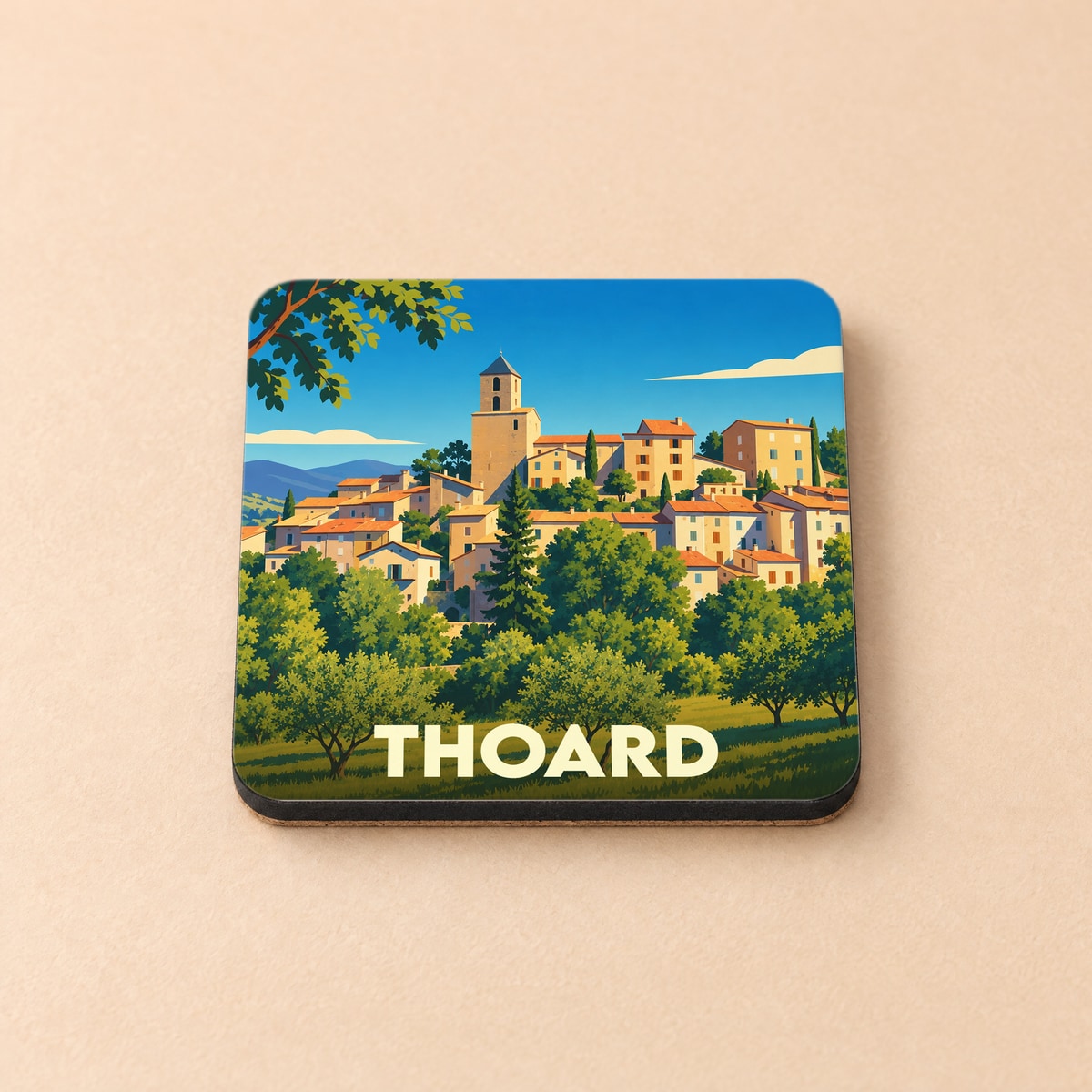 Dessous de verre souvenir de la ville de Thoard avec une illustration stylisée.