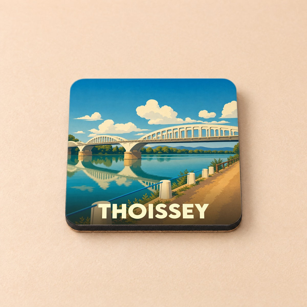 Dessous de verre souvenir de la ville de Thoissey avec une illustration stylisée de son pont sur la Saône.