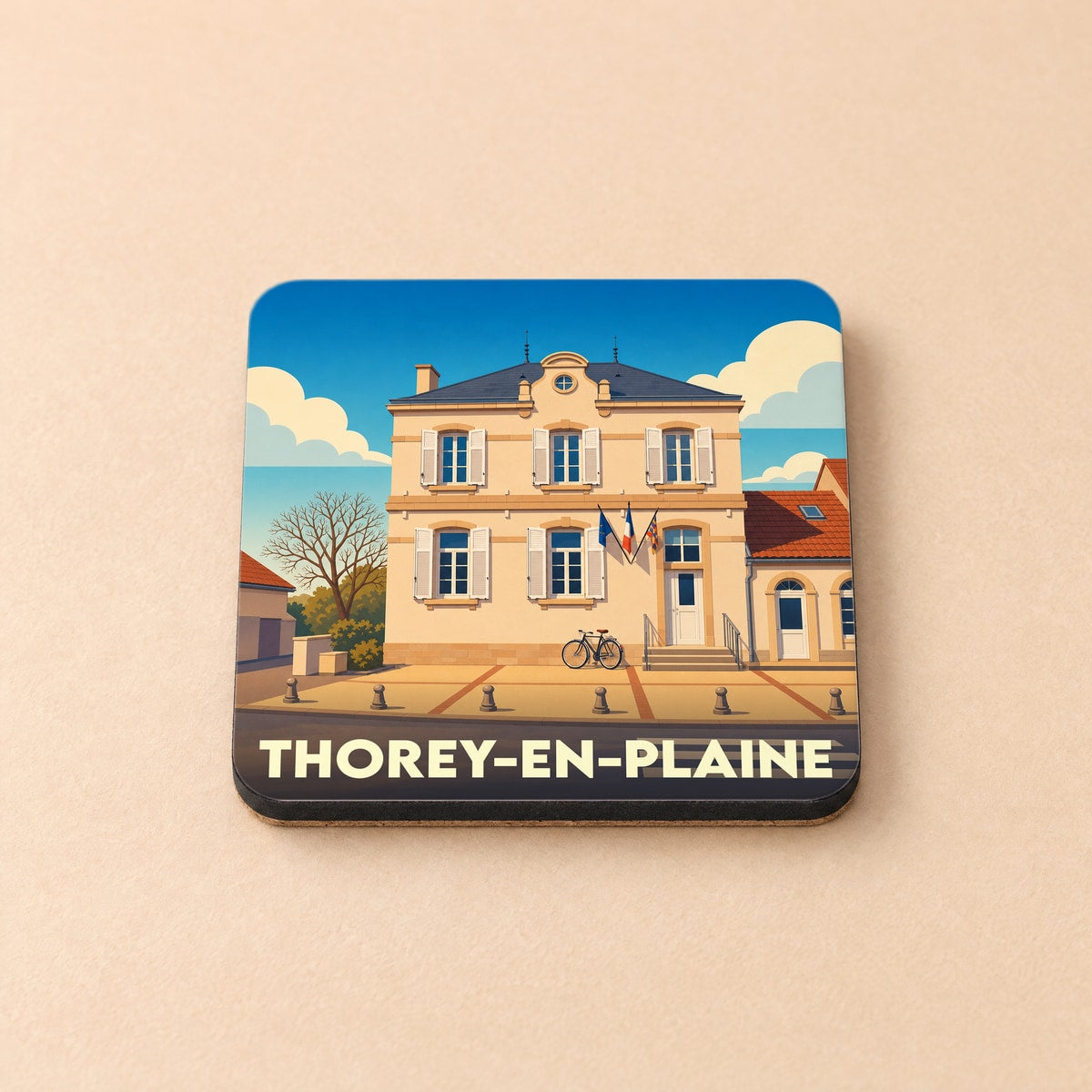 Dessous de verre souvenir de la ville de Thorey-en-Plaine avec une illustration stylisée de sa mairie.
