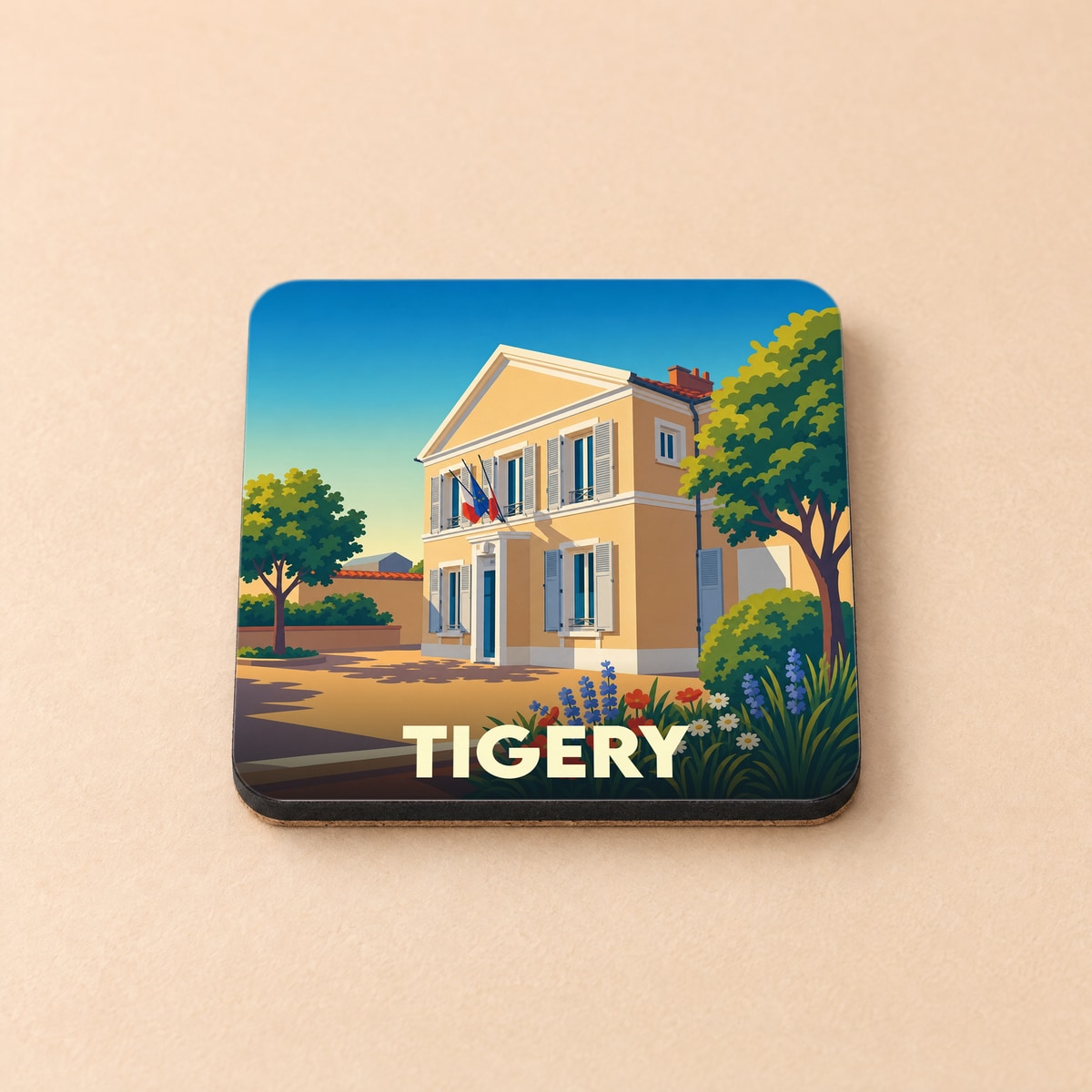 Dessous de verre souvenir de la ville de Tigery avec une illustration stylisée d'un bâtiment municipal.