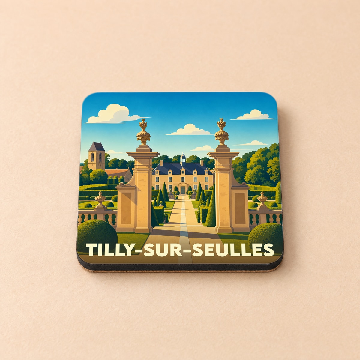 Dessous de verre souvenir de la ville de Tilly-sur-Seulles avec une illustration stylisée d'un château et de ses jardins.