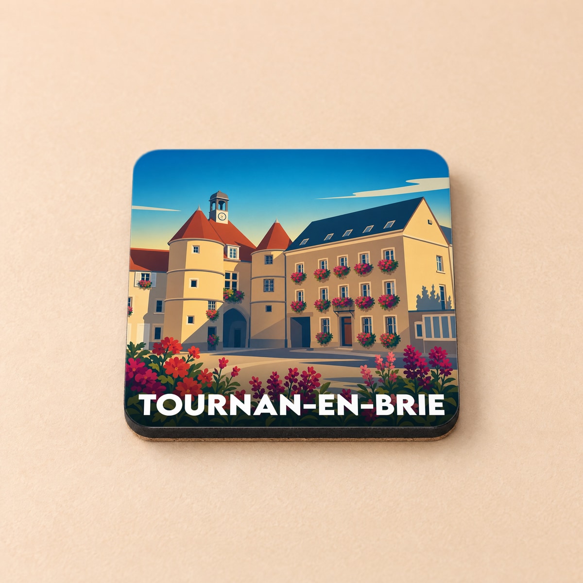 Dessous de verre souvenir de la ville de Tournan-en-Brie avec une illustration stylisée.