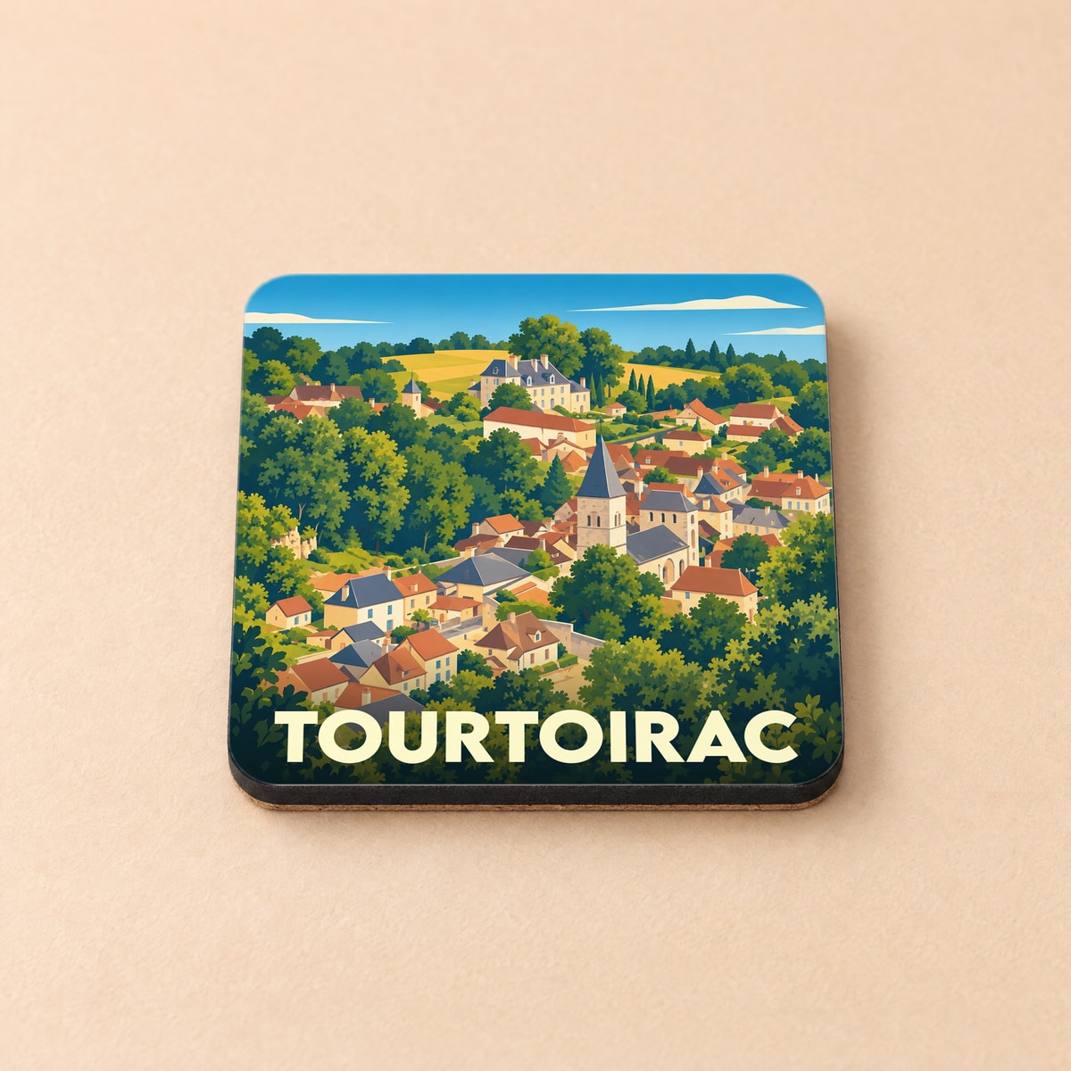 Dessous de verre souvenir de la ville de Tourtoirac avec une illustration stylisée d'un village pittoresque.